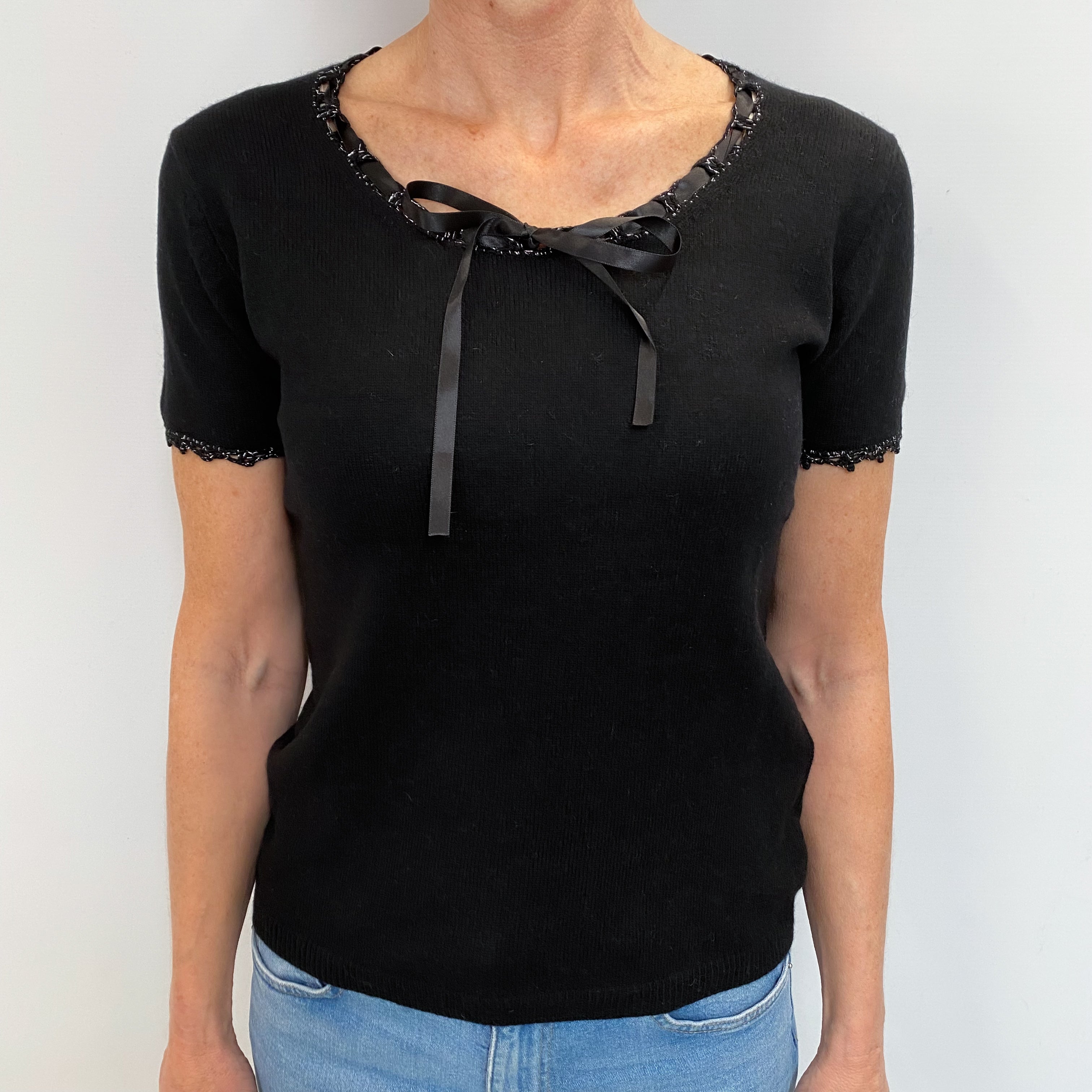 Black Cashmere Short Sleeved Crew Neck Jumper Small