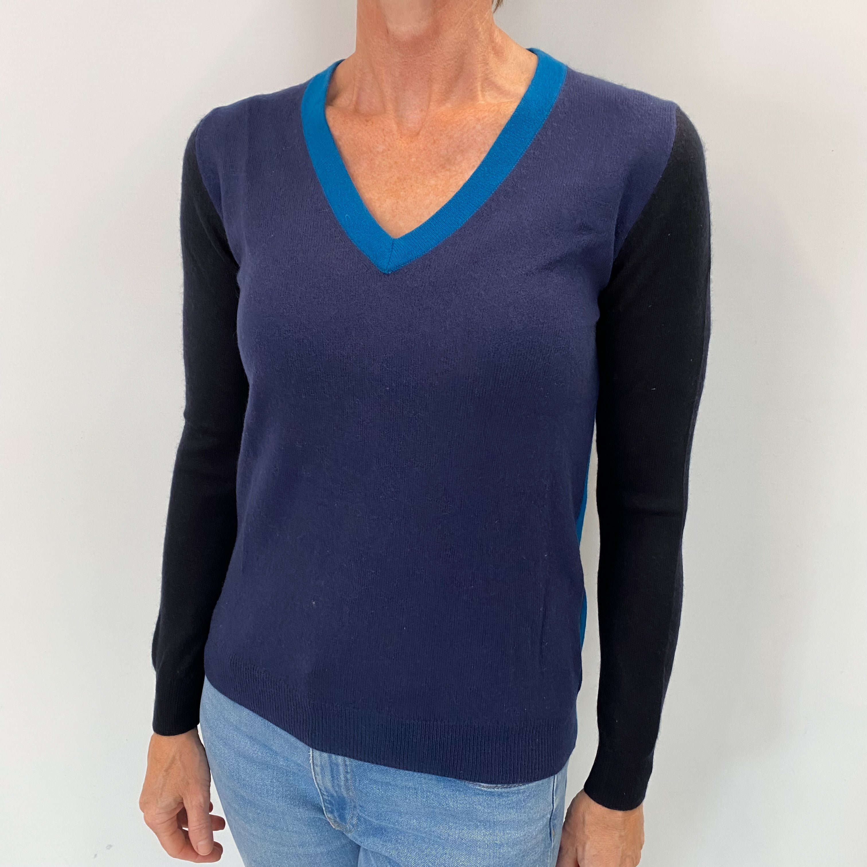 Navy Teal and Black Cashmere V Neck Jumper Small