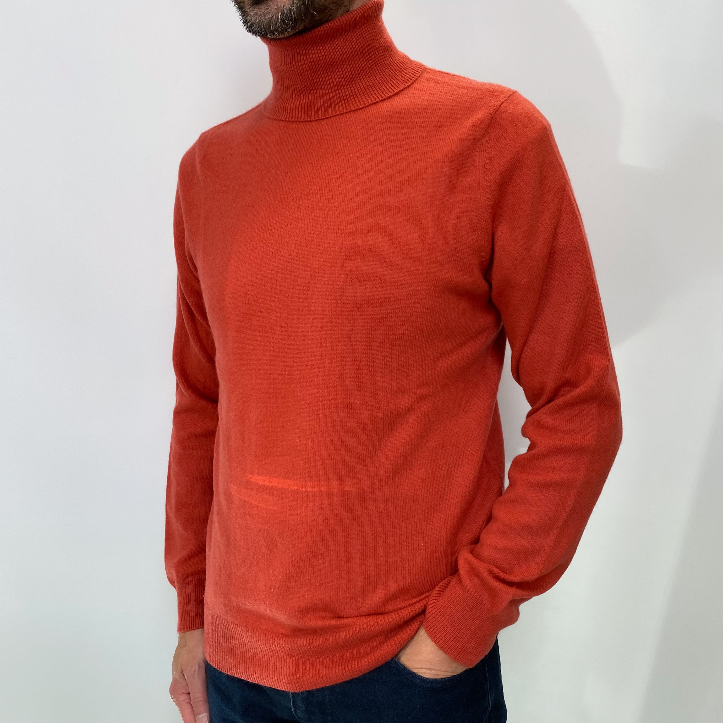 Burnt Orange Men's Cashmere Polo Neck Jumper Small