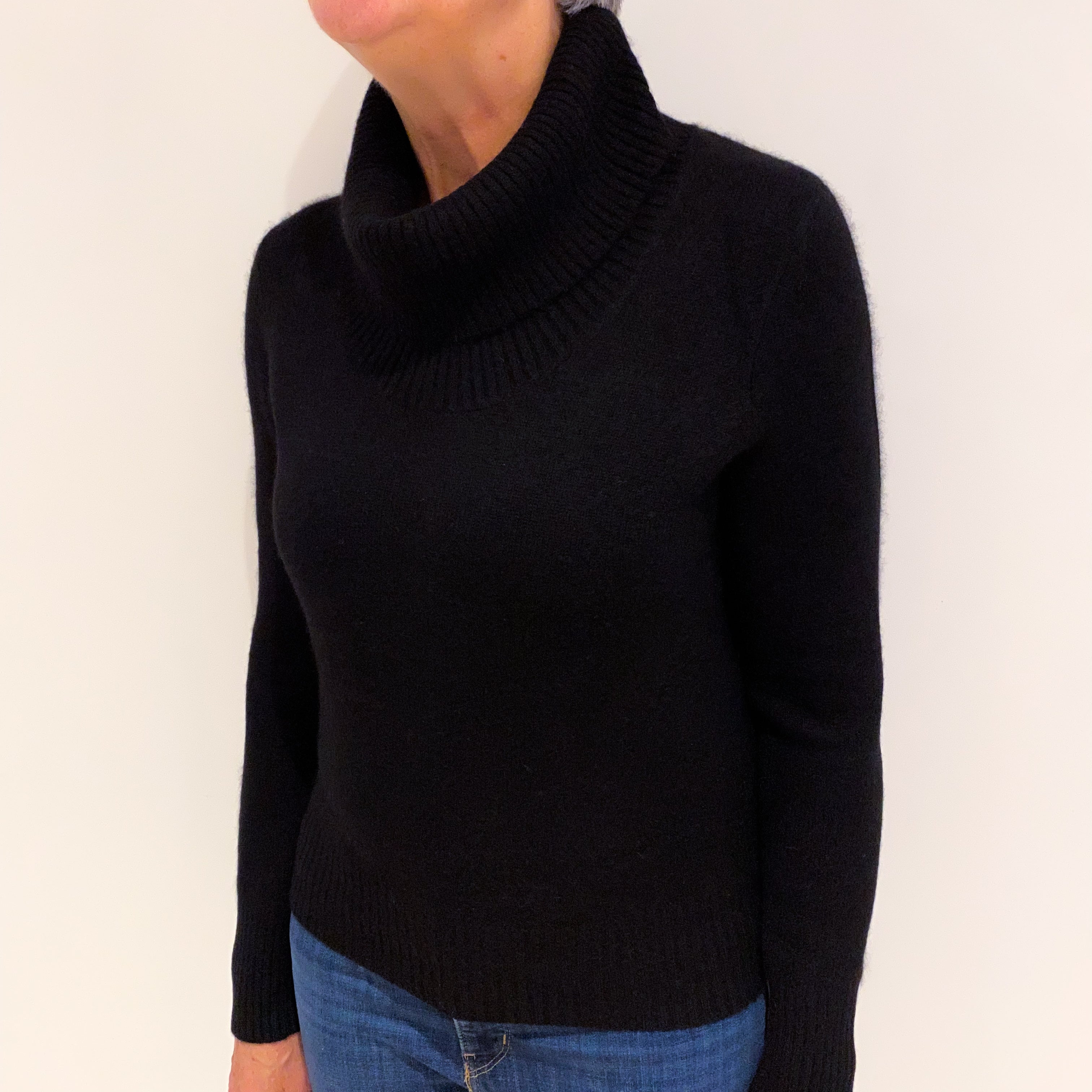 Black Heavy Knit Cashmere Polo Neck Jumper Medium