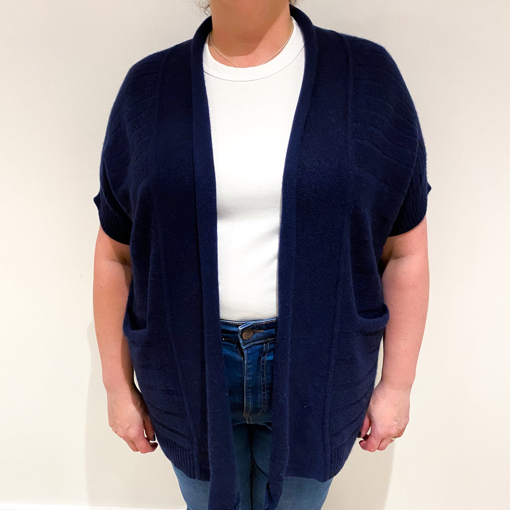 Navy Blue Cashmere Short Sleeved Edge to Edge Cardigan Extra Large