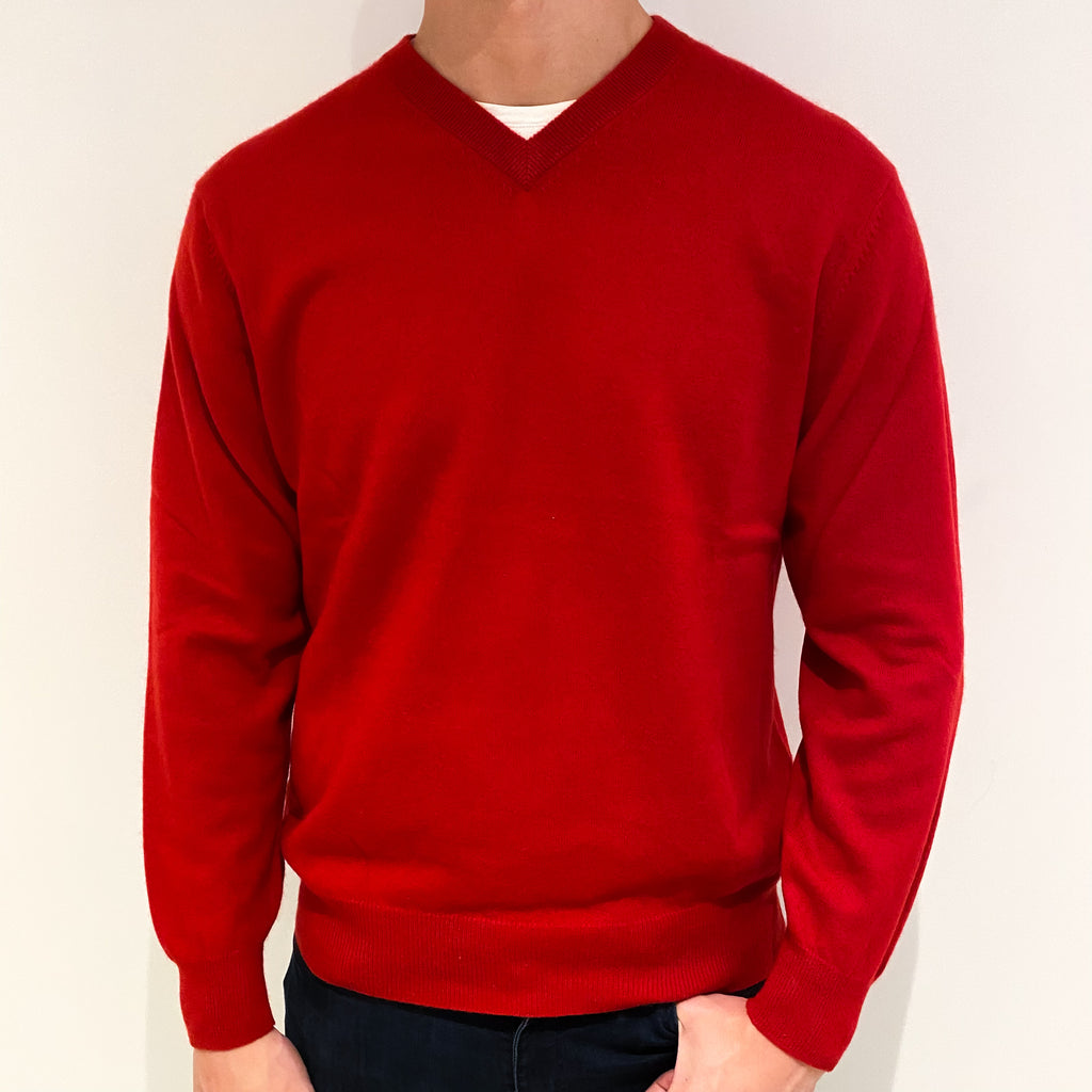 Men's Post Box Red Cashmere V-Neck Jumper Extra Large