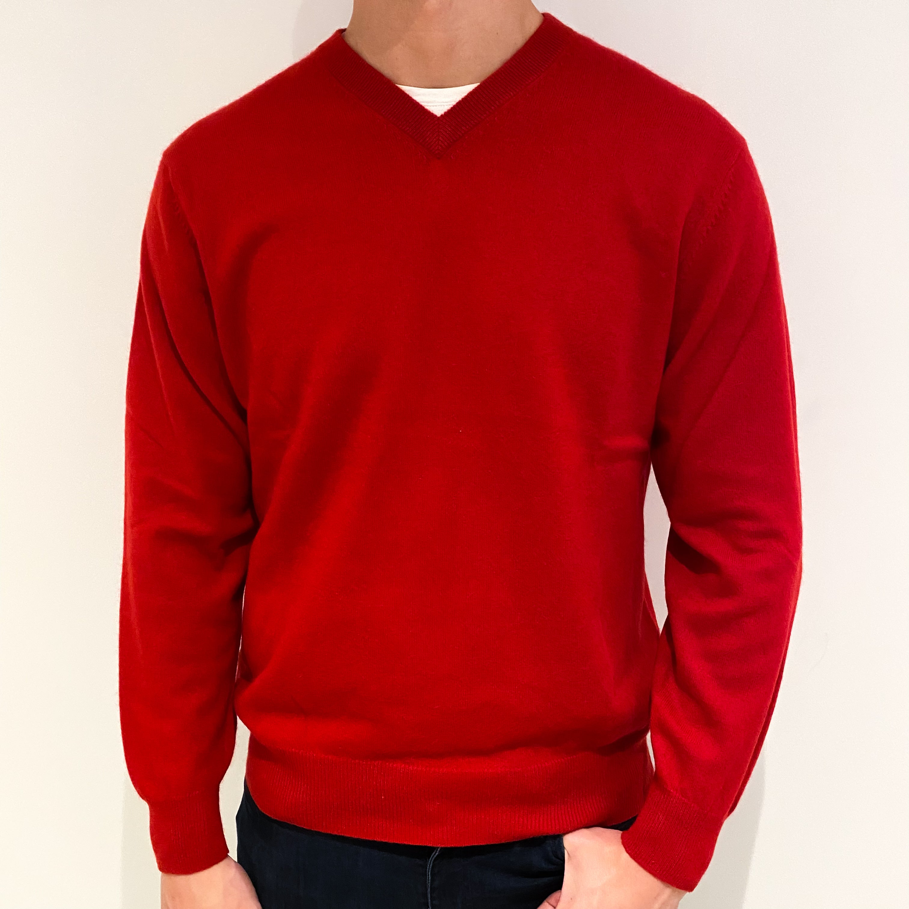 Men's Post Box Red Cashmere V-Neck Jumper Extra Large