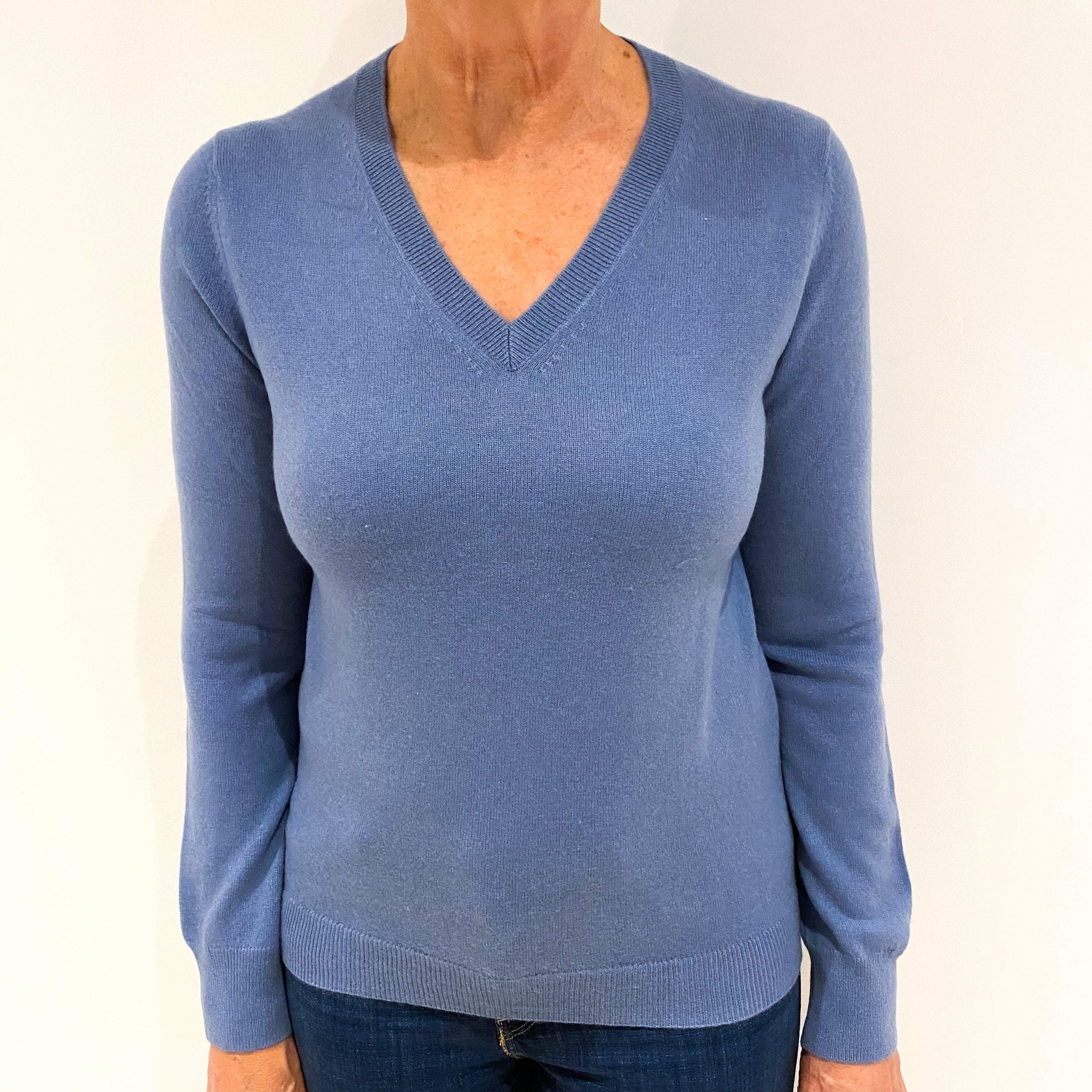 Denim Blue Cashmere V-Neck Jumper Medium