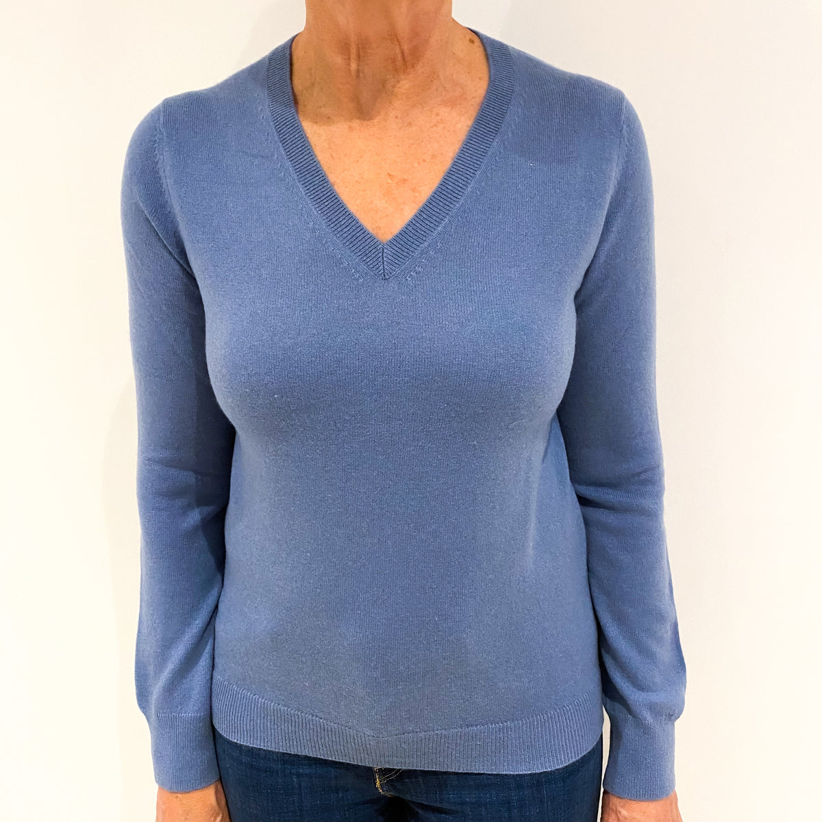 Denim Blue Cashmere V-Neck Jumper Medium