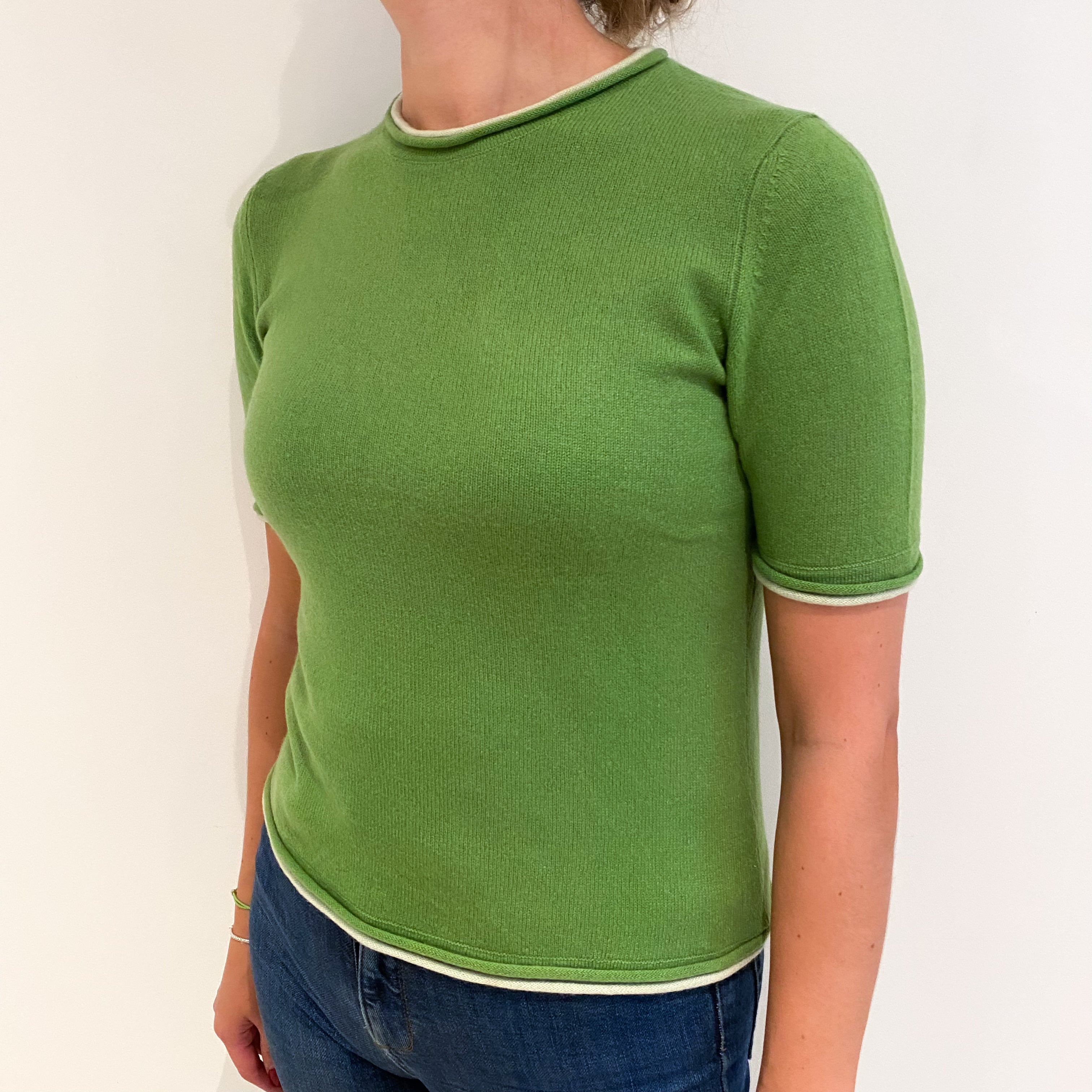 Pear Green Cashmere Crew Neck Short Sleeved Jumper Small