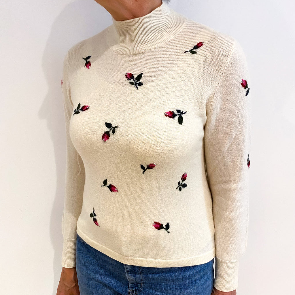 Vanilla Cream Floral Cashmere Turtle Neck Jumper Medium