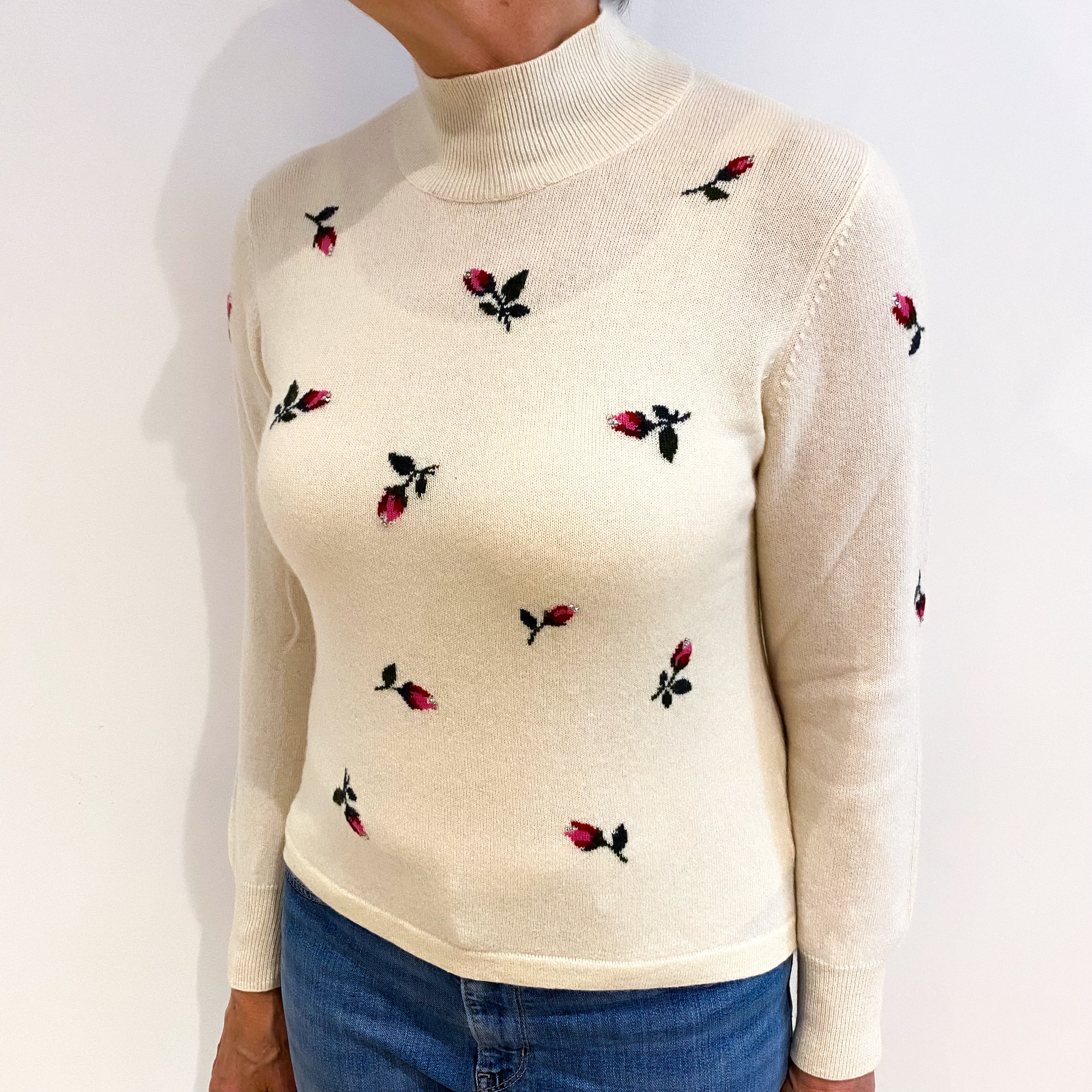 Vanilla Cream Floral Cashmere Turtle Neck Jumper Medium