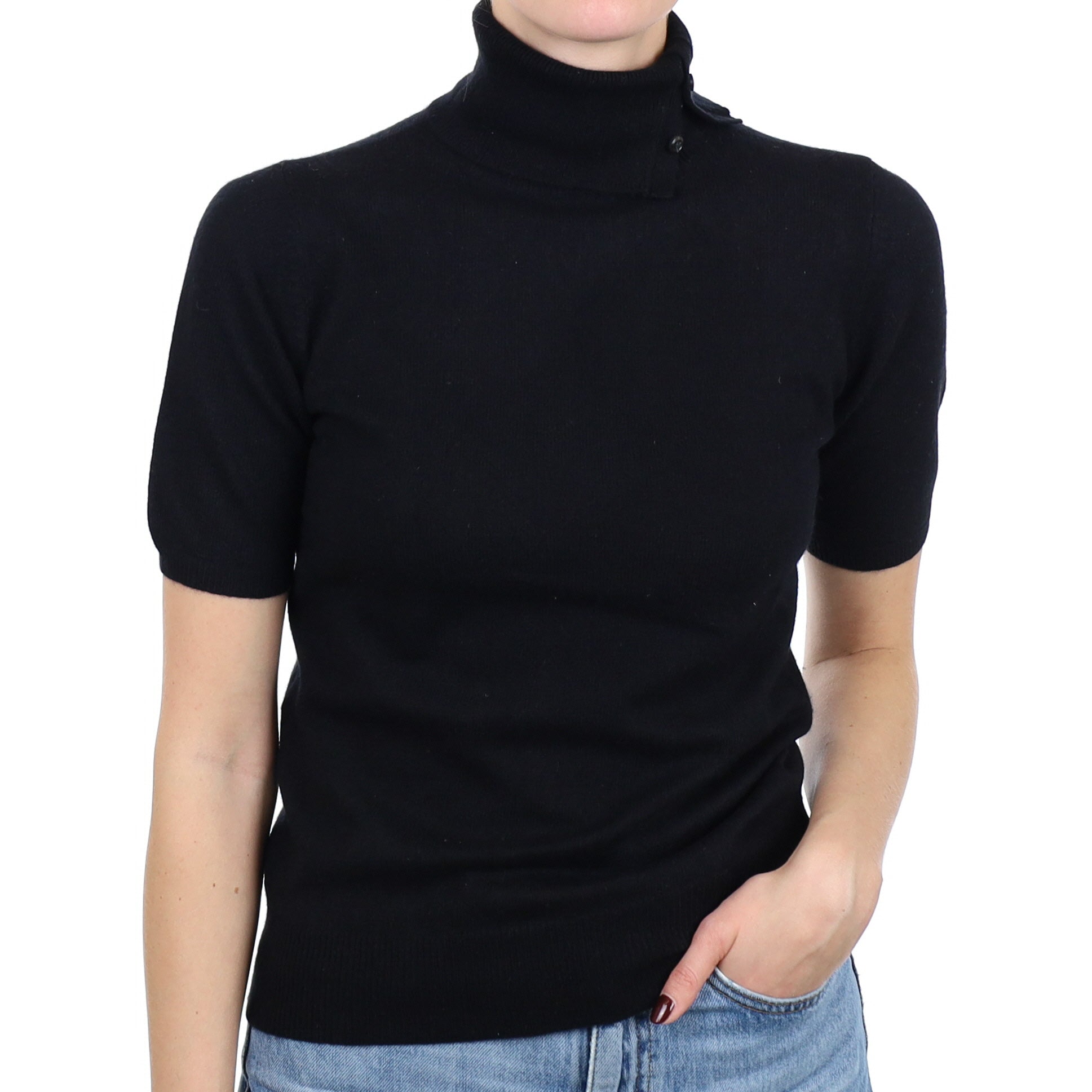 Black Cashmere Short Sleeve Buttoned Polo Neck Jumper Small