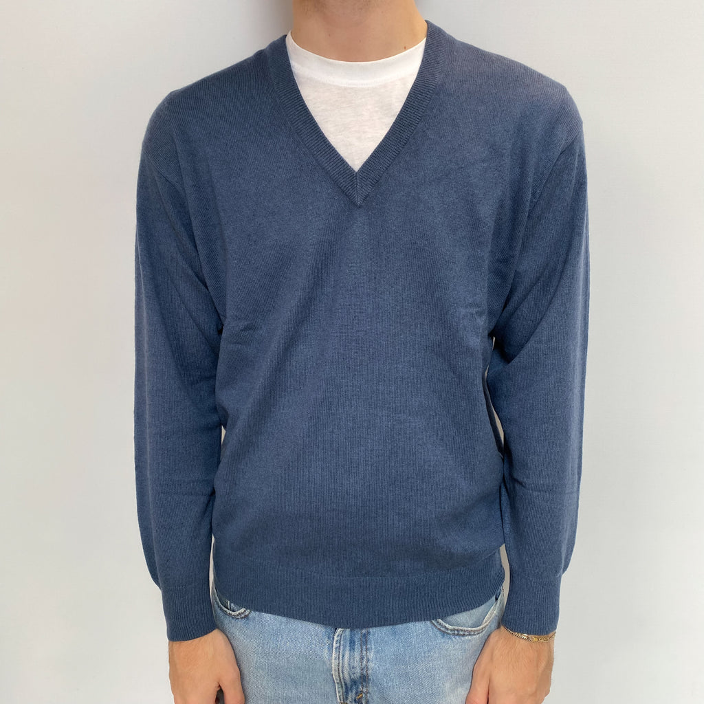 Men's Airforce Blue Cashmere V Neck Jumper Large