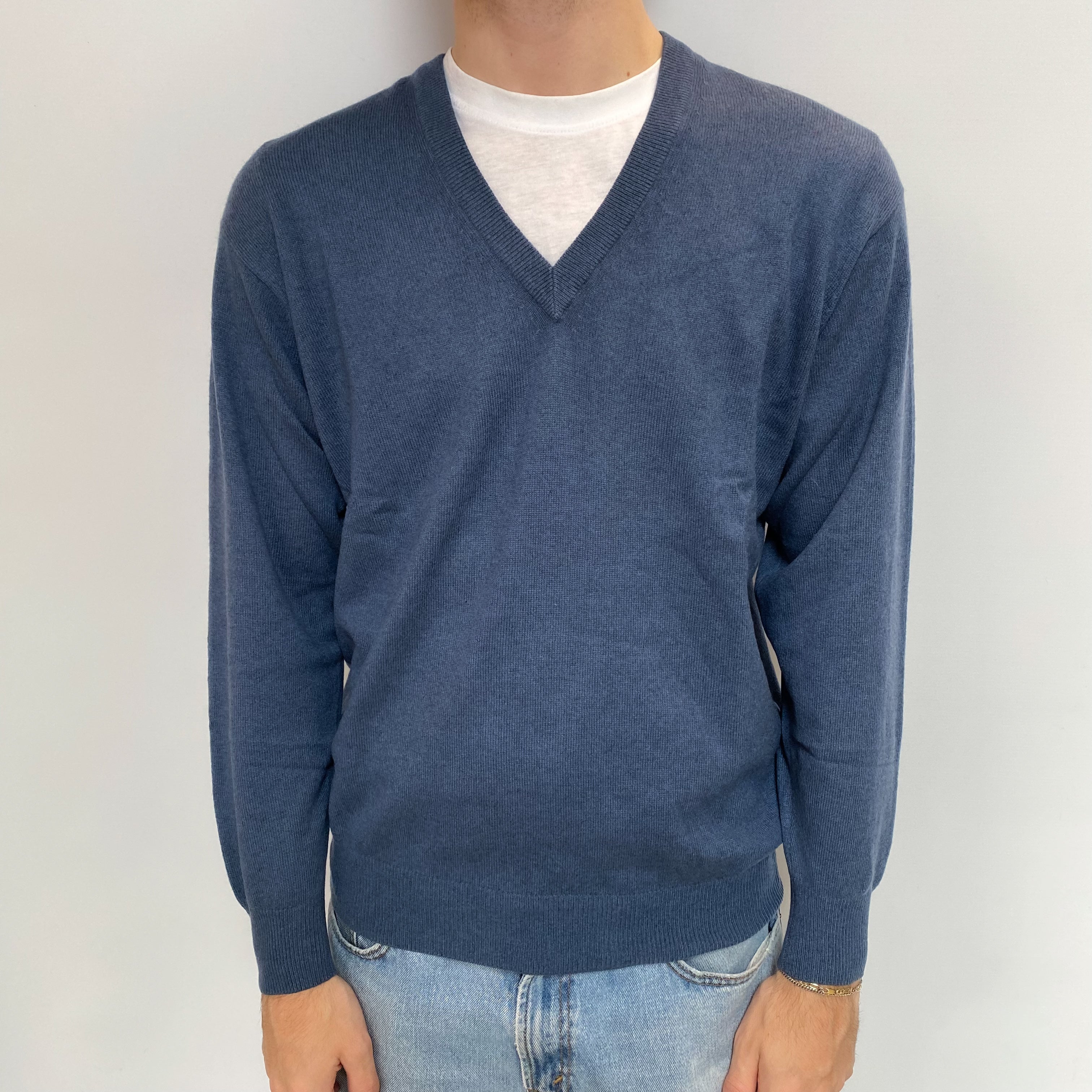 Men's Airforce Blue Cashmere V Neck Jumper Large