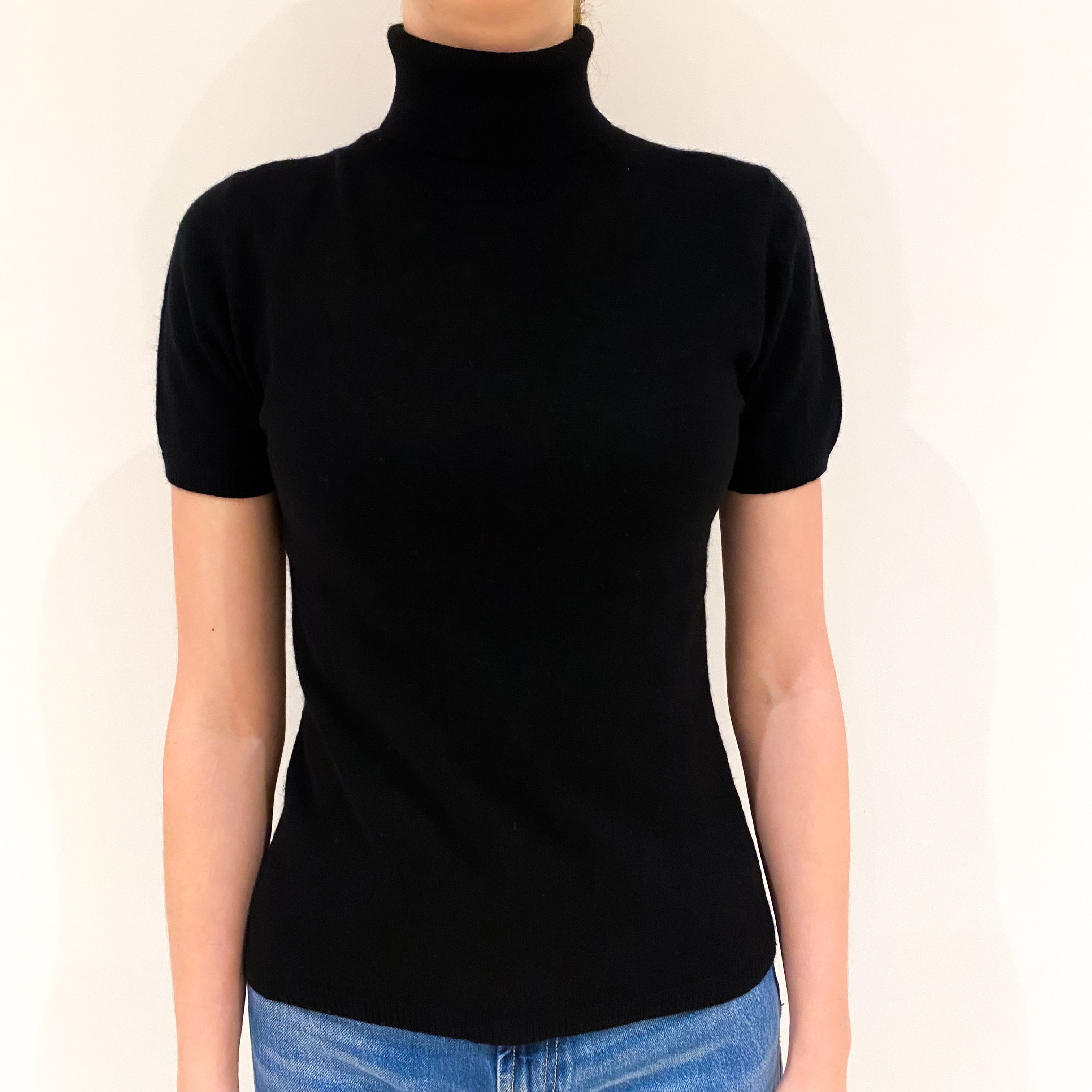 Black Cashmere Short Sleeve Polo Neck Jumper Extra Small