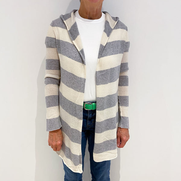 Grey and Cream Striped Hooded Cashmere Edge To Edge Cardigan Medium