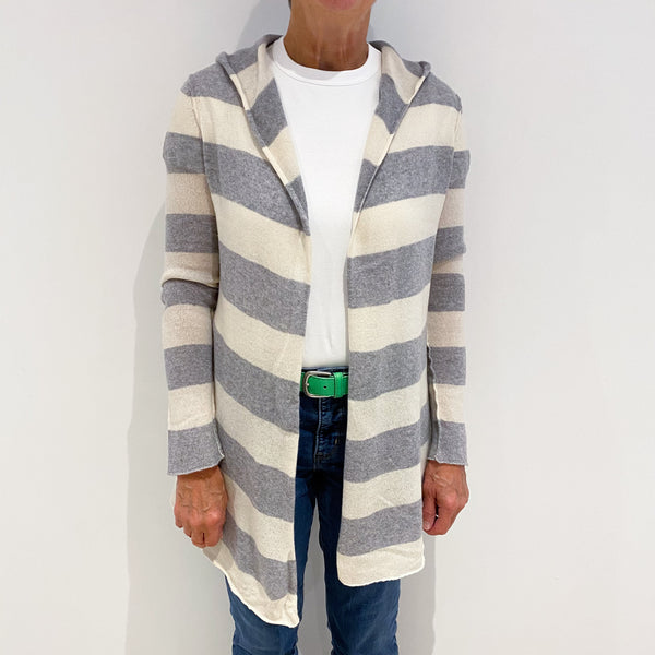 Grey and Cream Striped Hooded Cashmere Edge To Edge Cardigan Medium