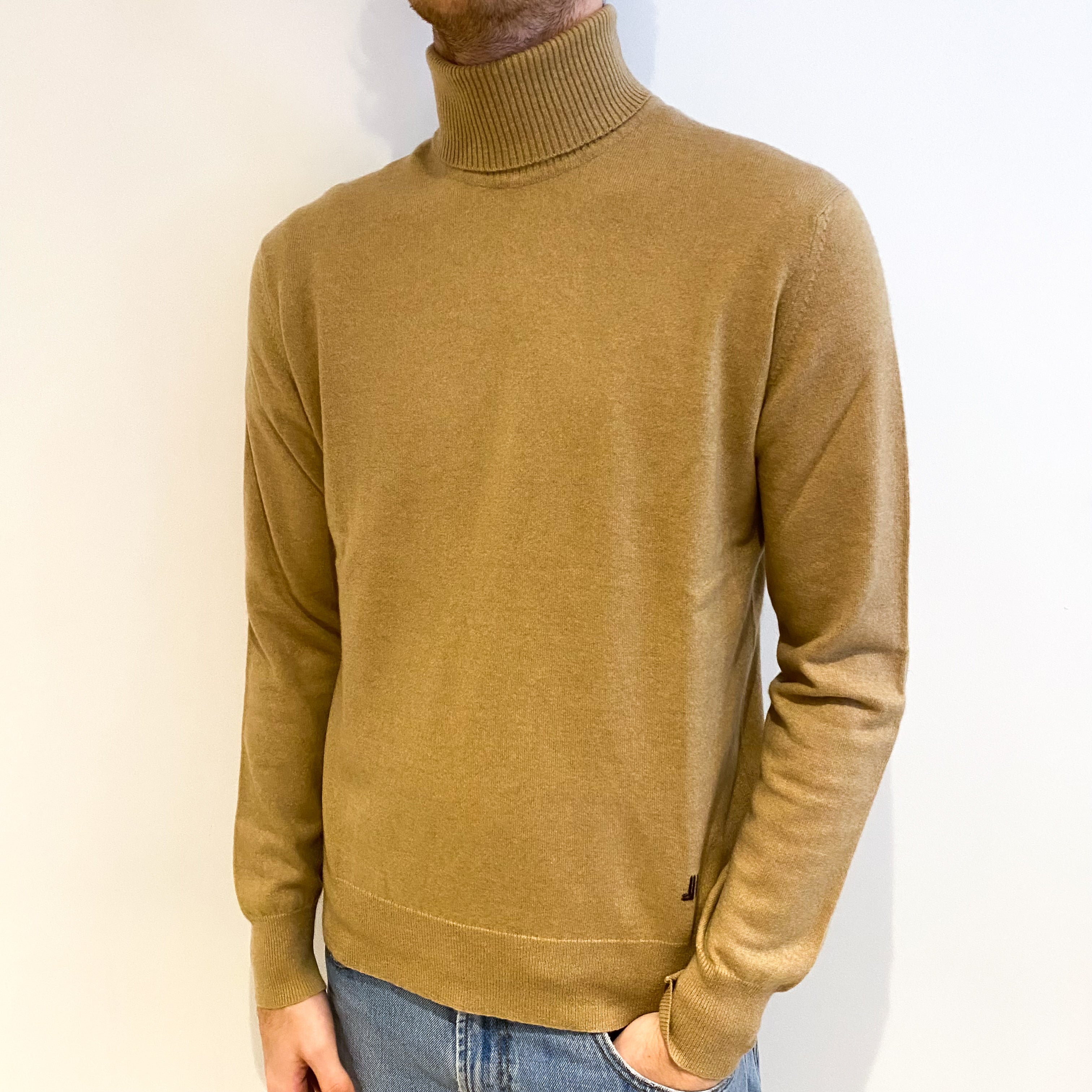 Men's Caramel Brown Cashmere Polo Neck Jumper Large