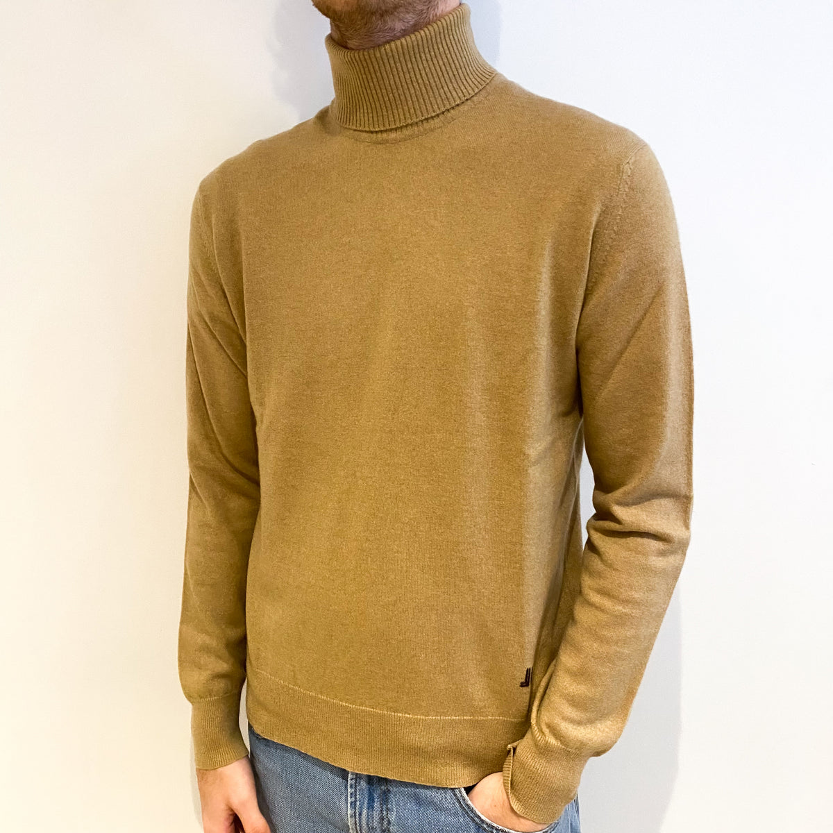 Men's Caramel Brown Cashmere Polo Neck Jumper Large