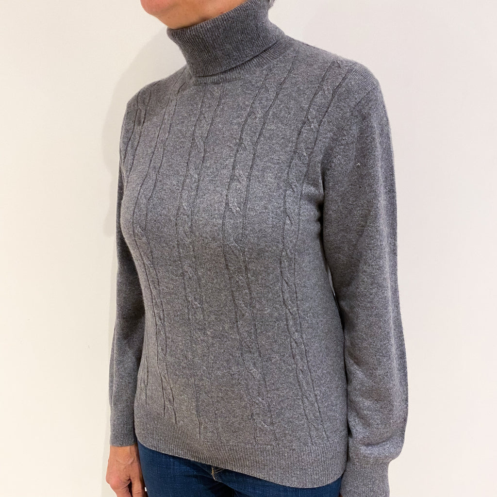 Steel Grey Cashmere Polo Neck Jumper Medium