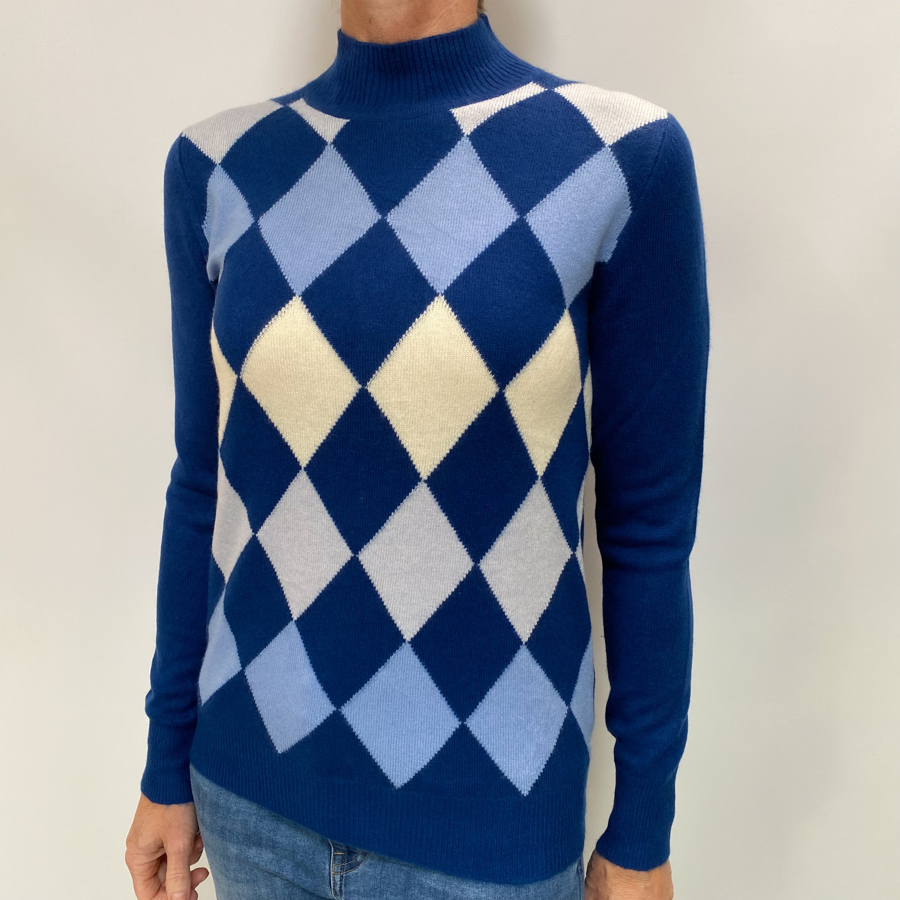Blue Diamond Patterned Cashmere Turtle Neck Jumper Small