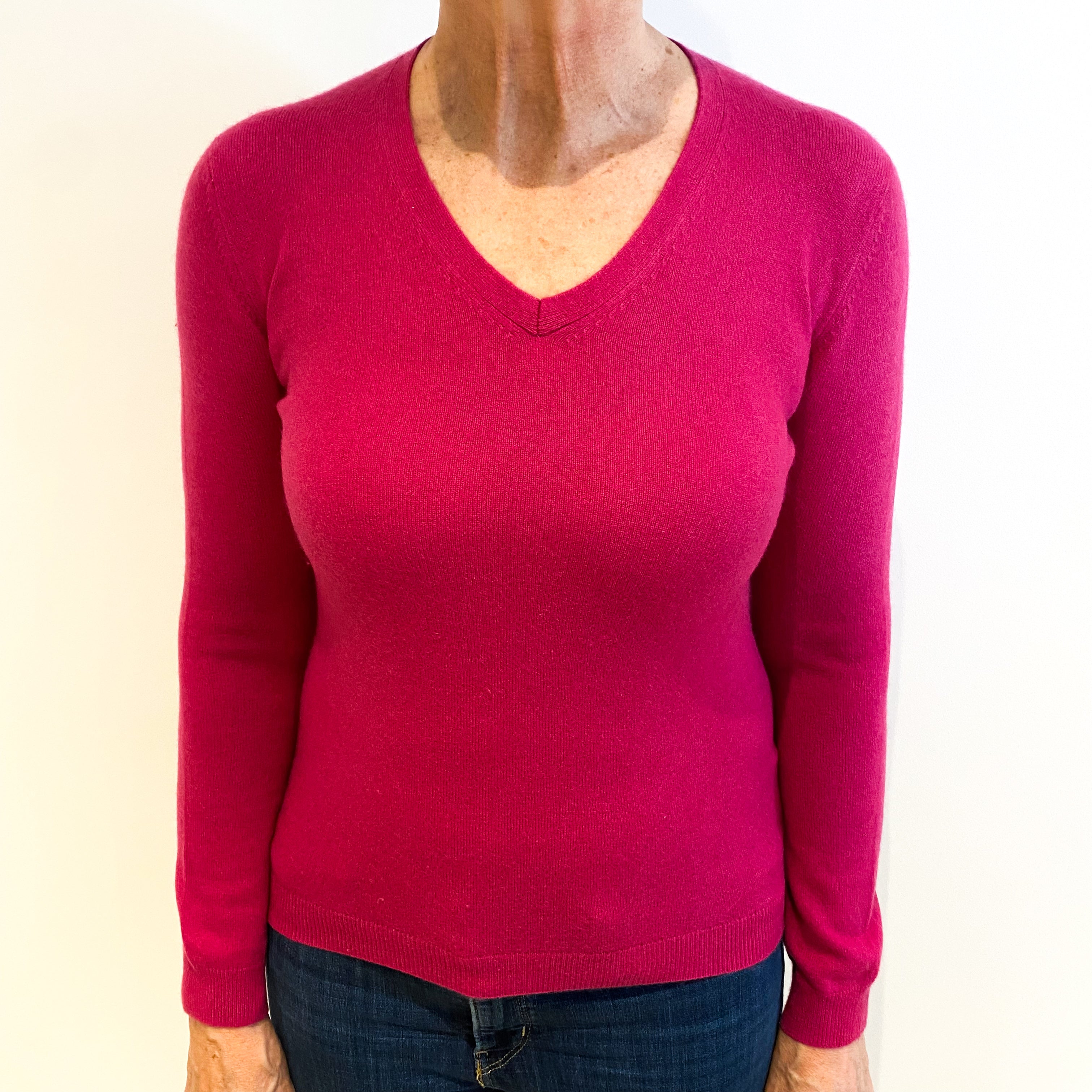 Fuchsia Pink Cashmere V Neck Jumper Medium