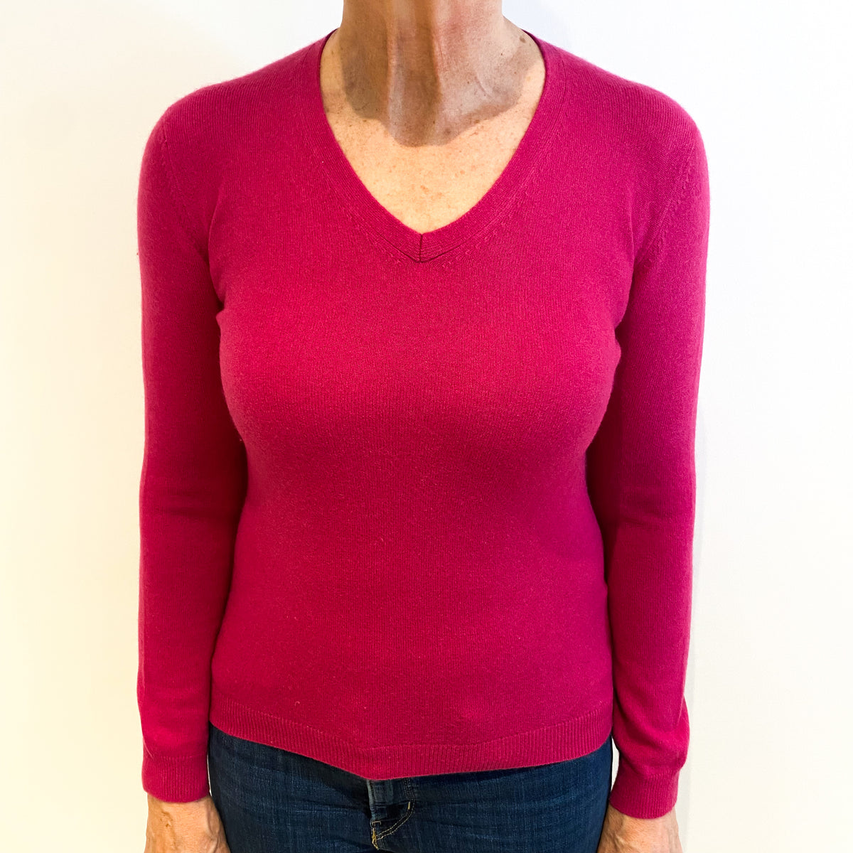 Fuchsia Pink Cashmere V Neck Jumper Medium