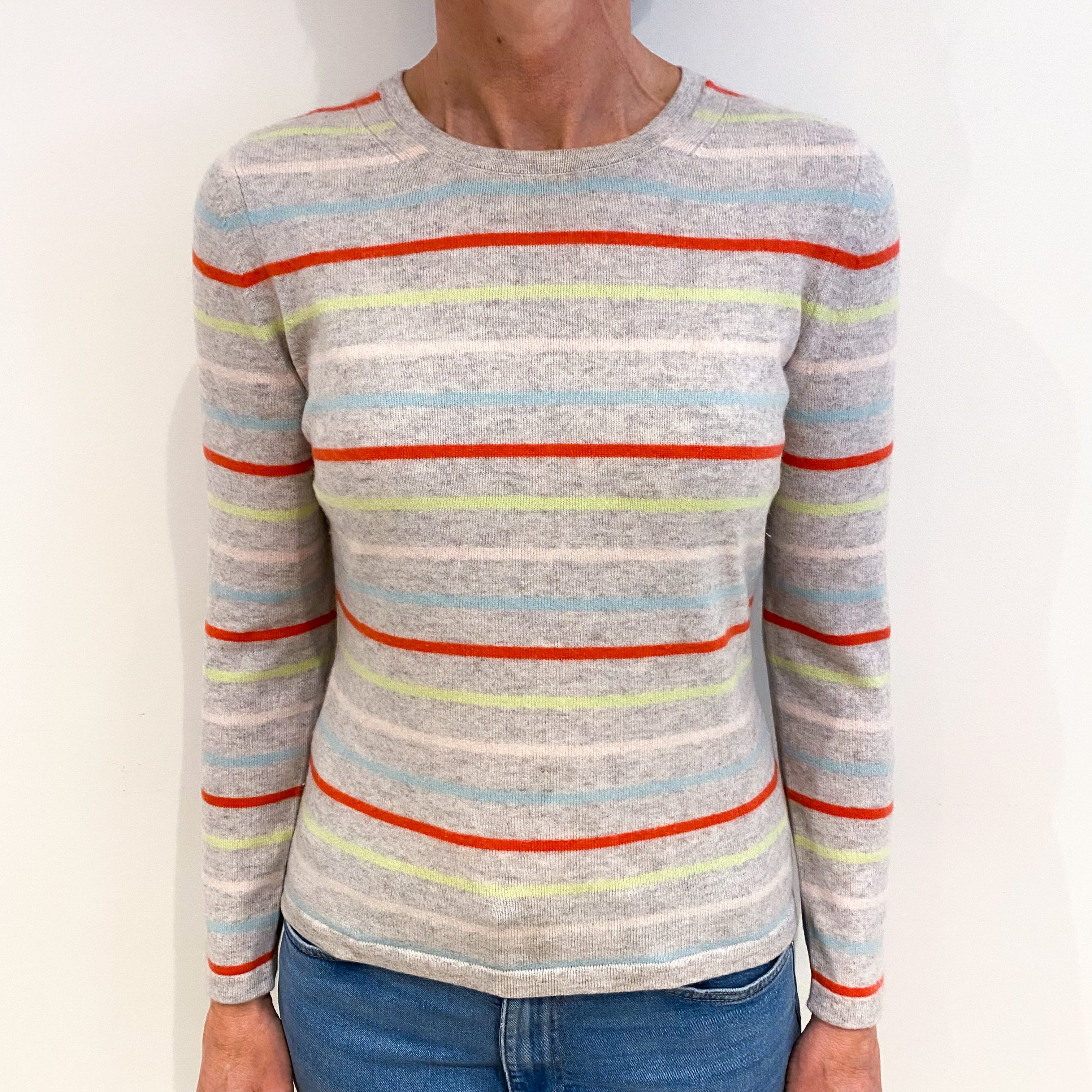 Grey Multicolour Striped Cashmere Crew Neck Jumper Small