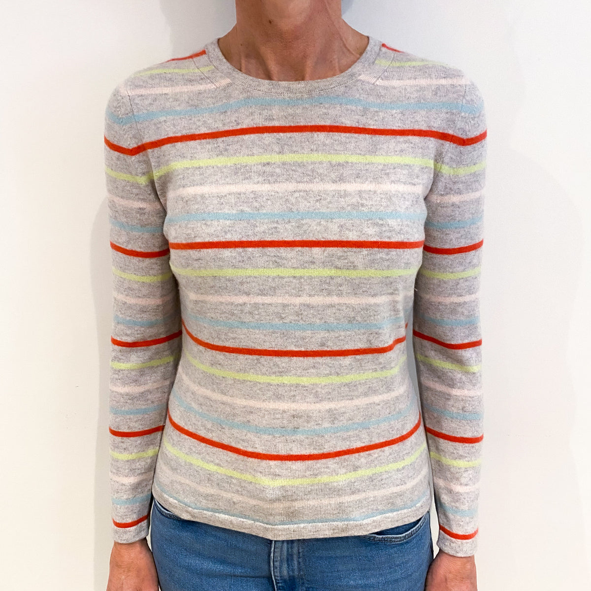 Grey Multicolour Striped Cashmere Crew Neck Jumper Small