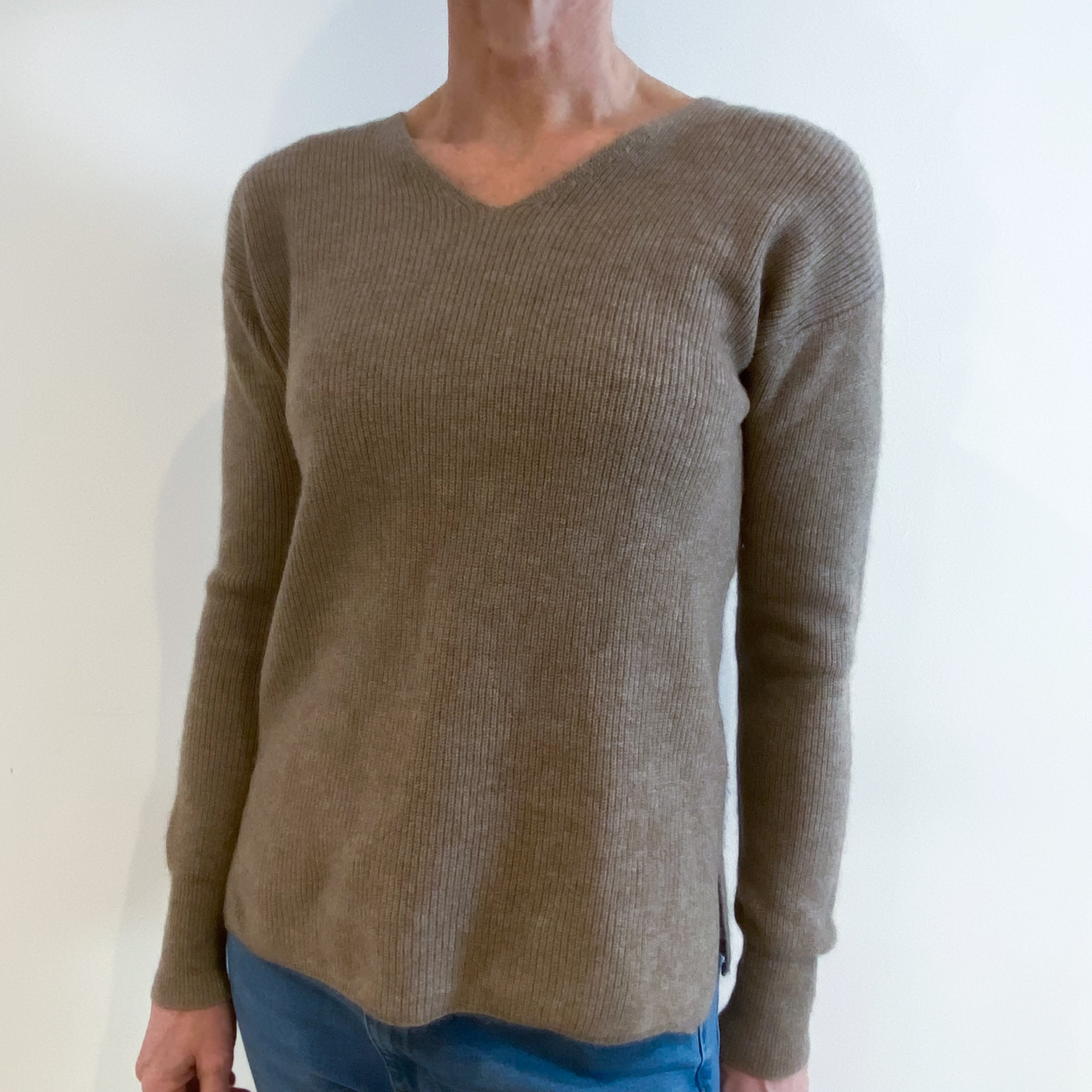 Taupe Brown Cashmere V Neck Jumper Small