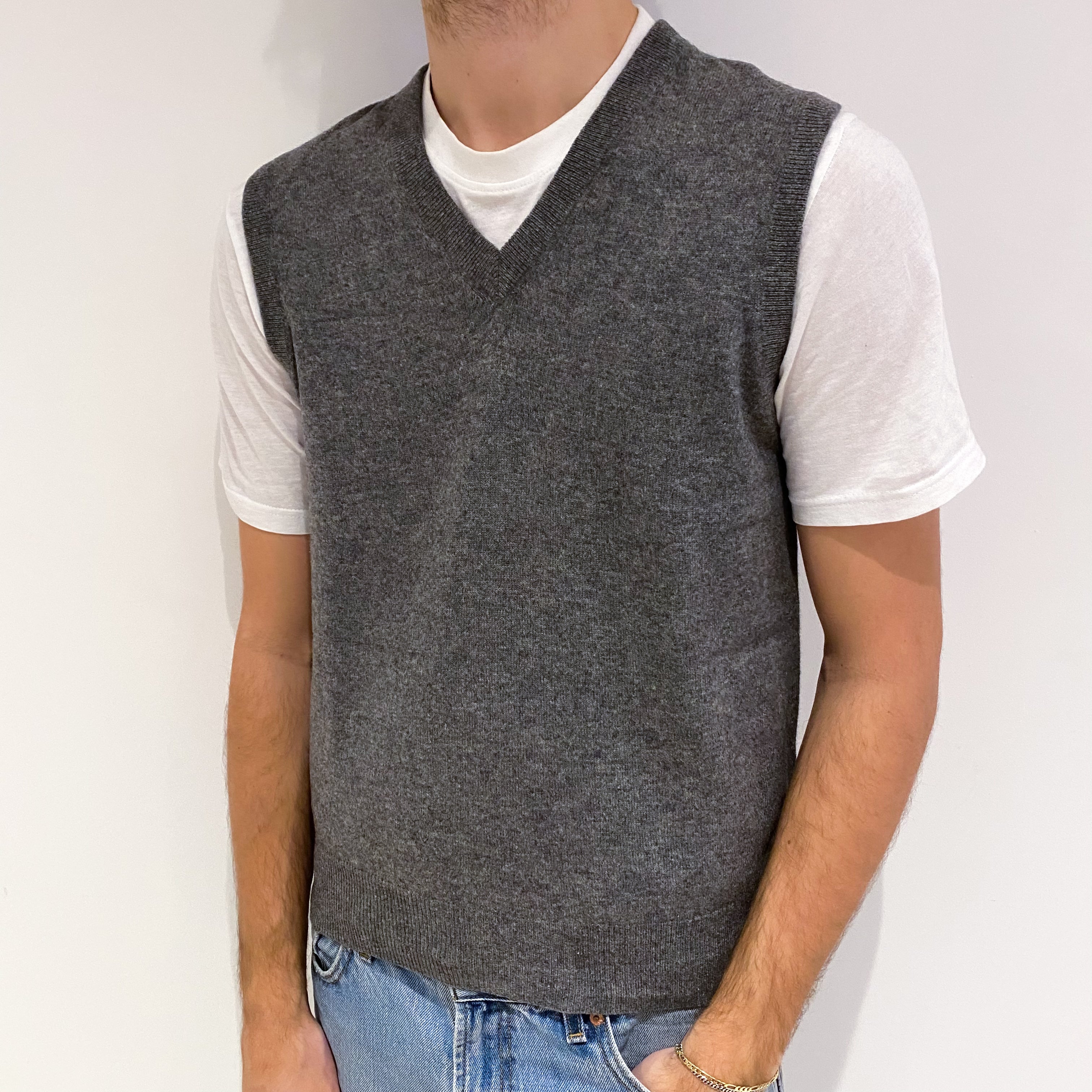 Men's Slate Grey Cashmere V Neck Jumper Vest Medium