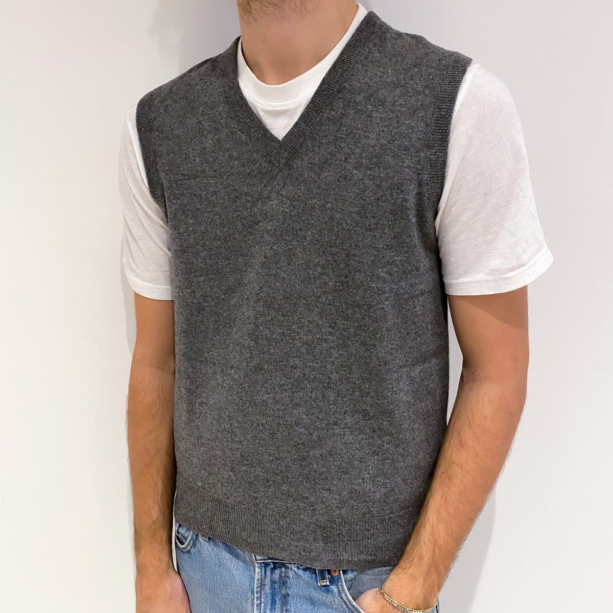 Men's Slate Grey Cashmere V Neck Jumper Vest Medium