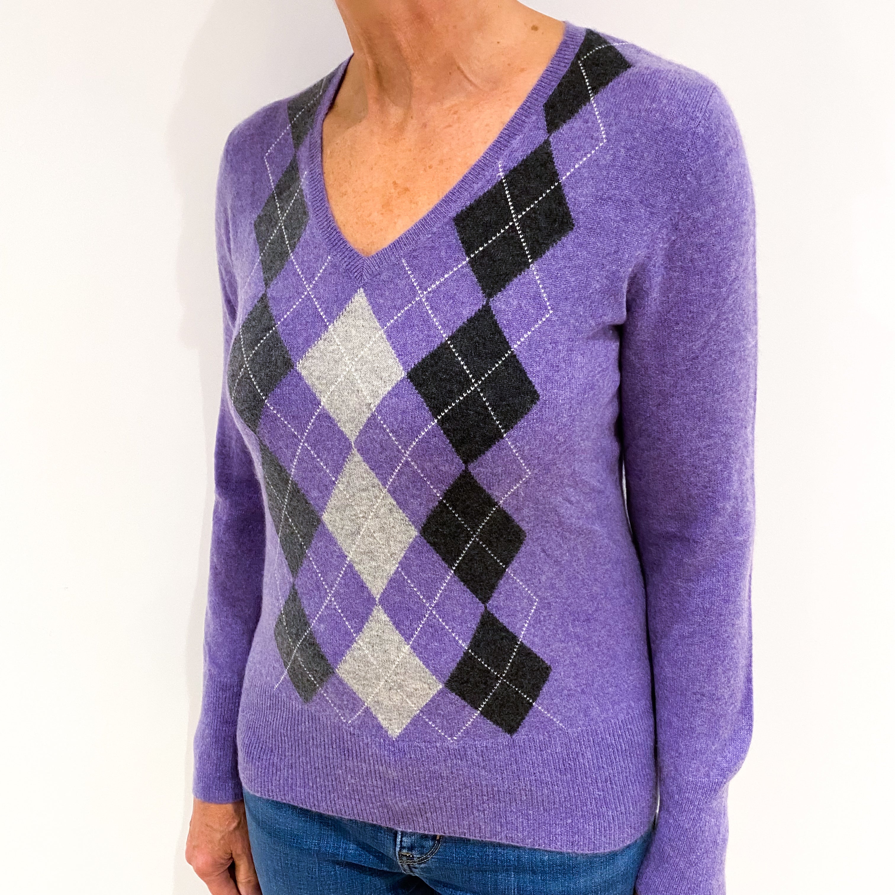 Amethyst Purple Argyle Cashmere V Neck Jumper Medium