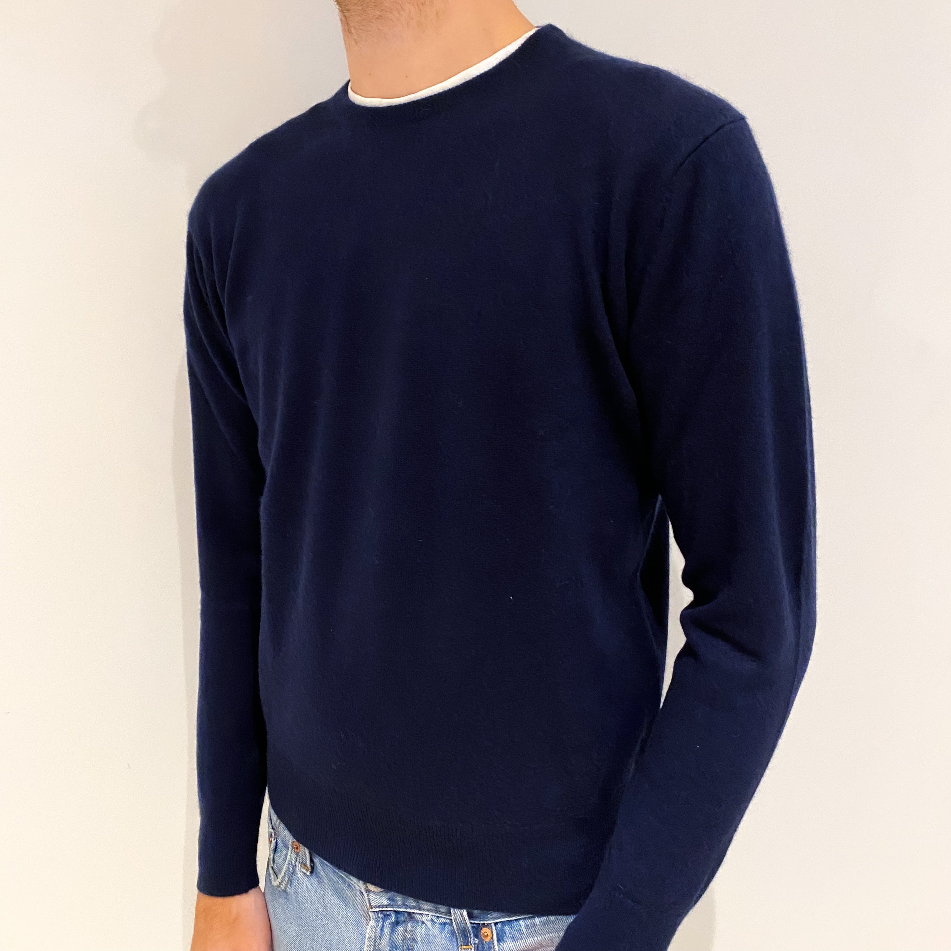 Men's Navy Blue Cashmere Crew Neck Jumper Large