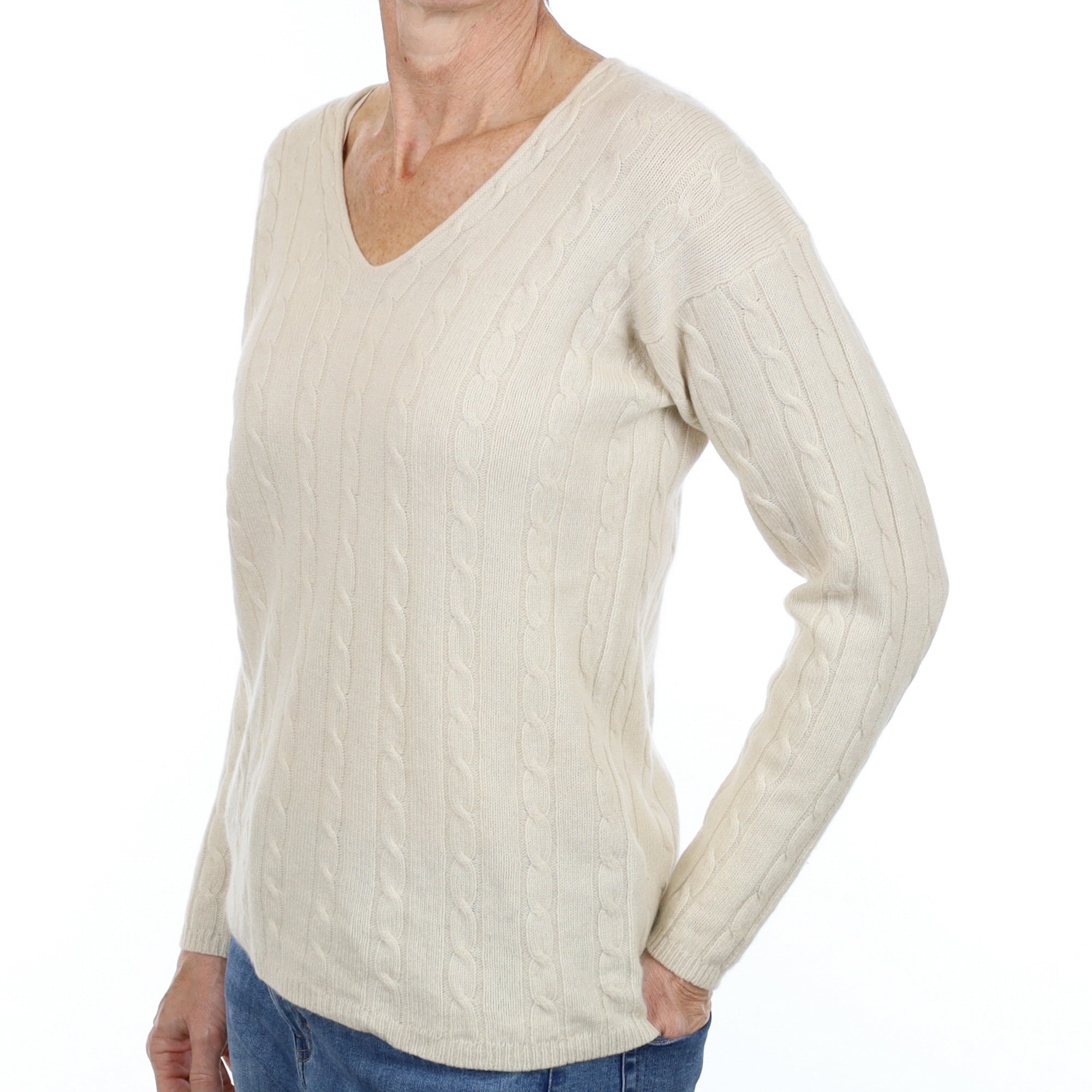 Vanilla Cream Cashmere V Neck Cable Knit Jumper Small