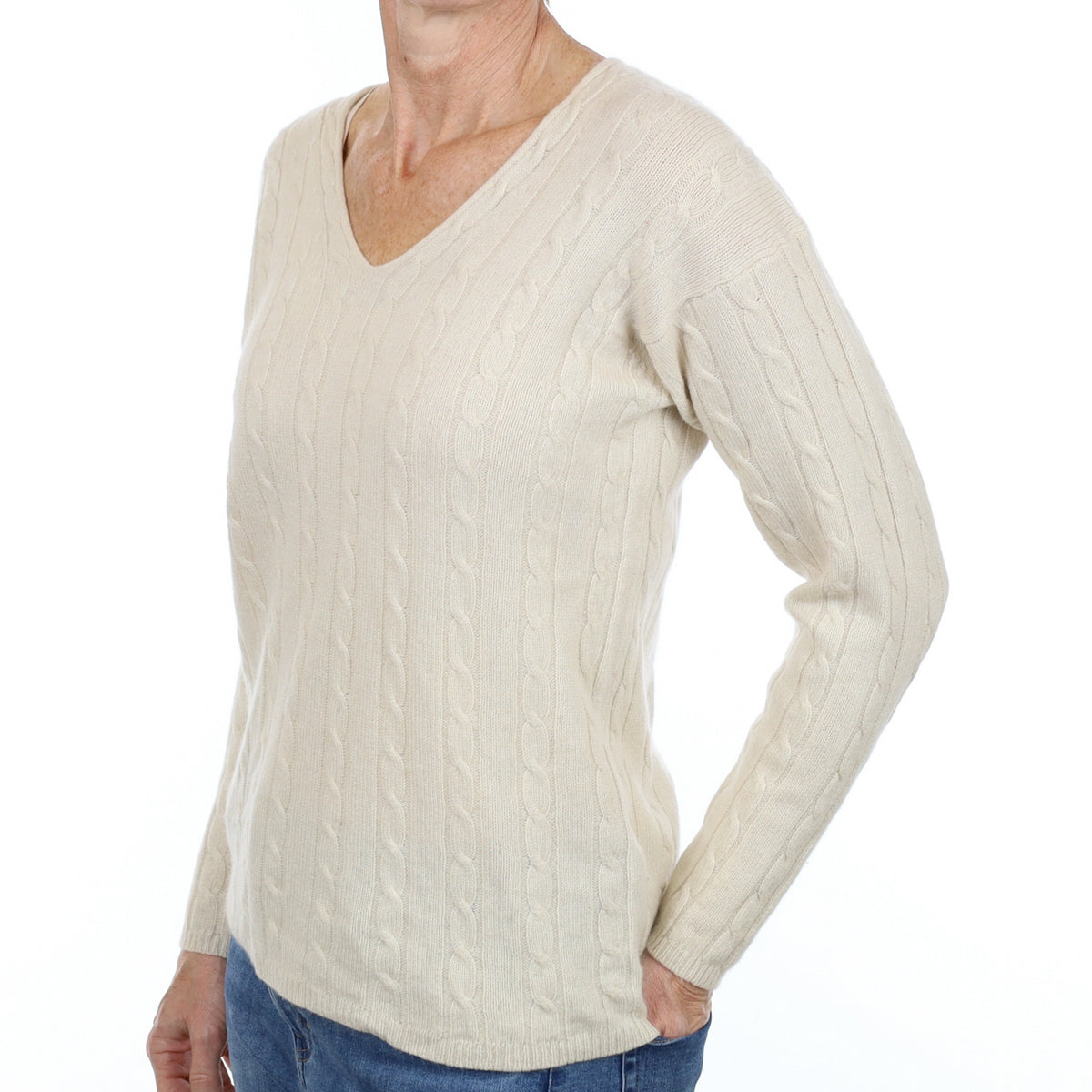 Vanilla Cream Cashmere V Neck Cable Knit Jumper Small