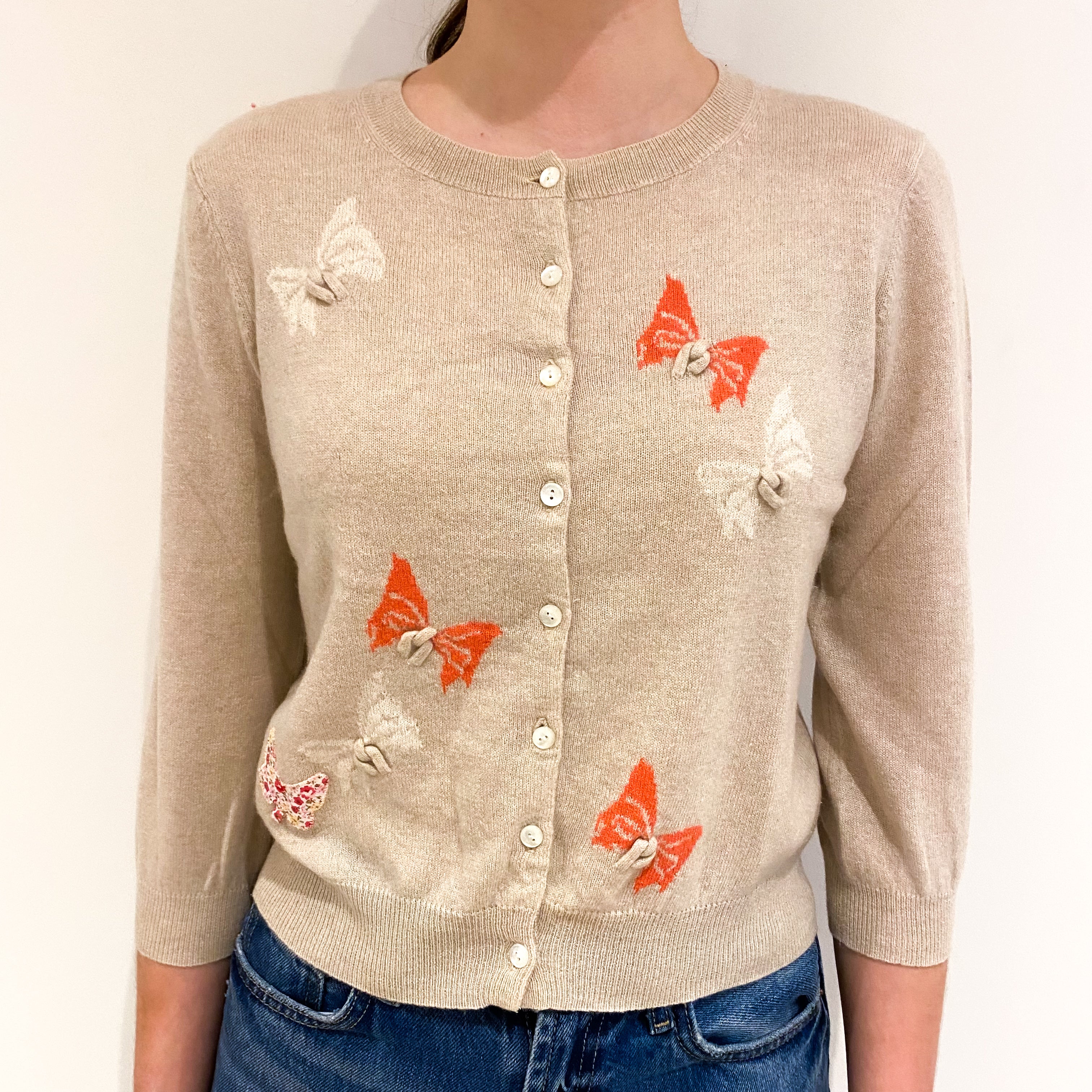 Honey Beige Butterfly Patterned Cashmere Crew Neck Cardigan Extra Small