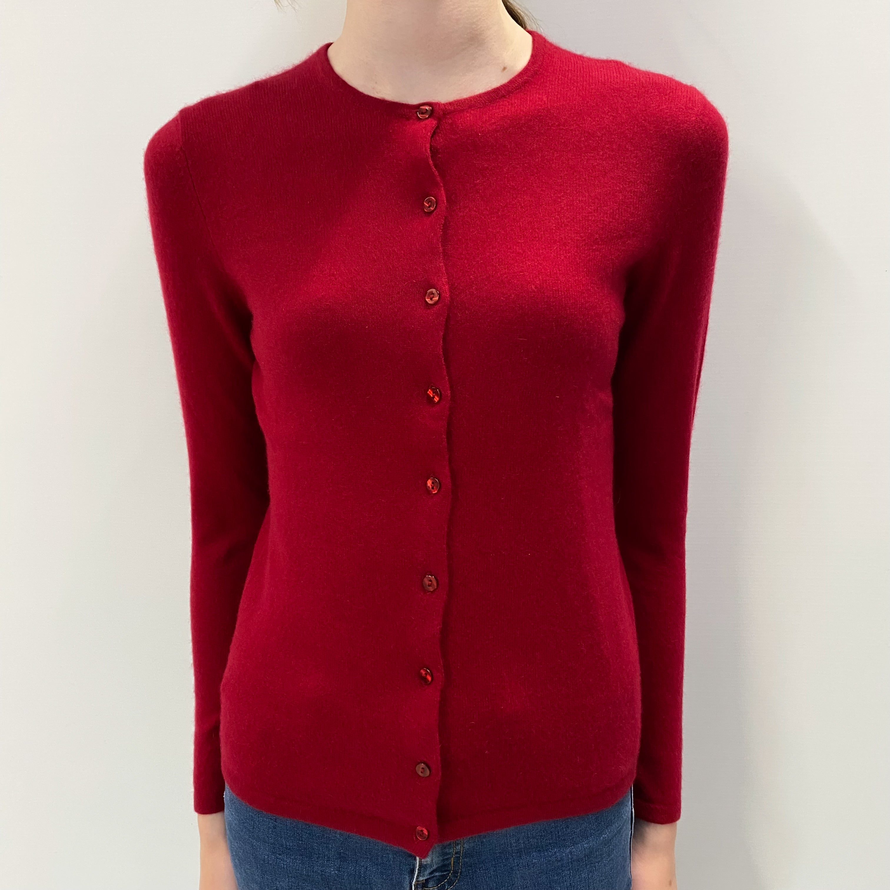 Ruby Red Cashmere Crew Neck Cardigan Extra Small