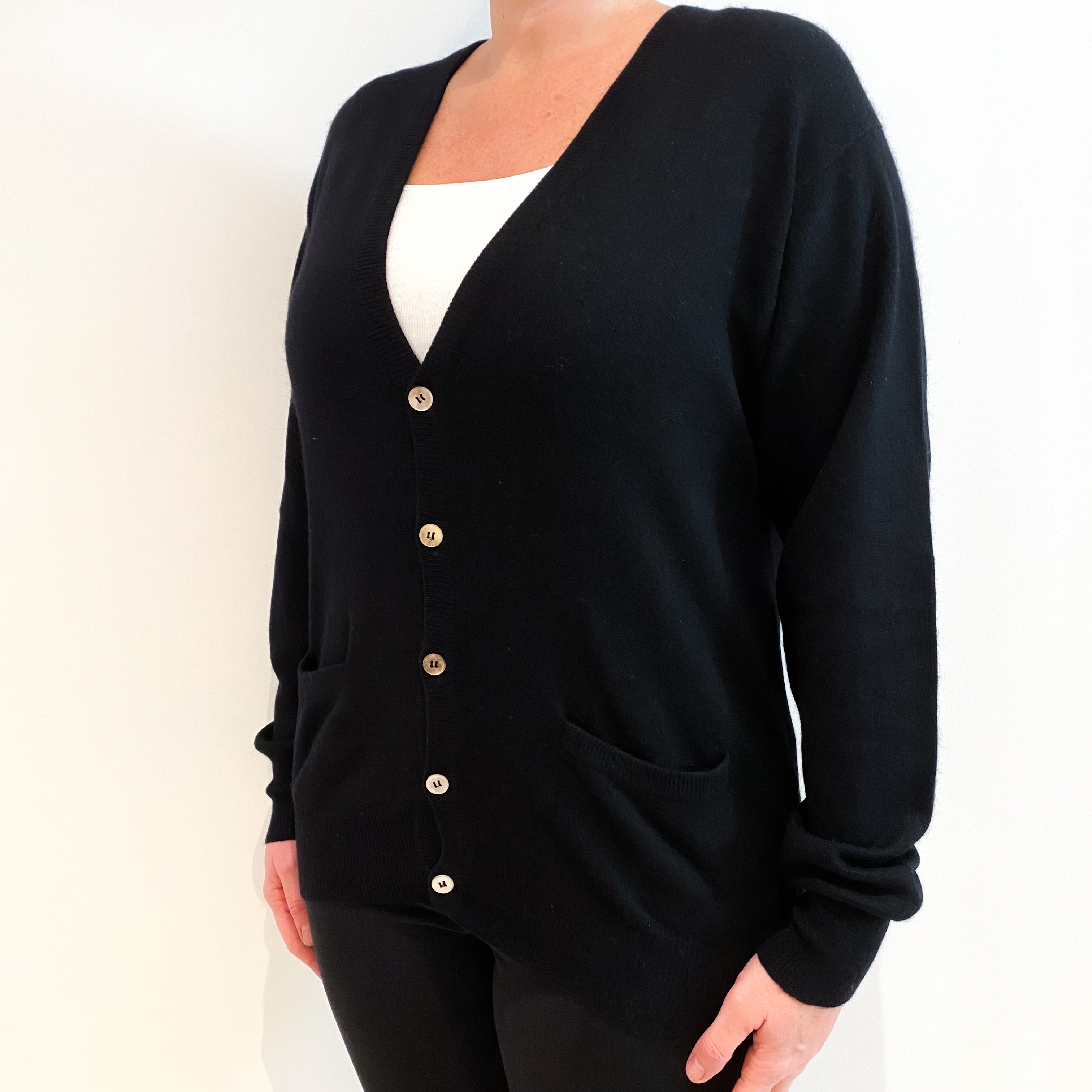 Black Cashmere V-Neck Cardigan with Pockets Large