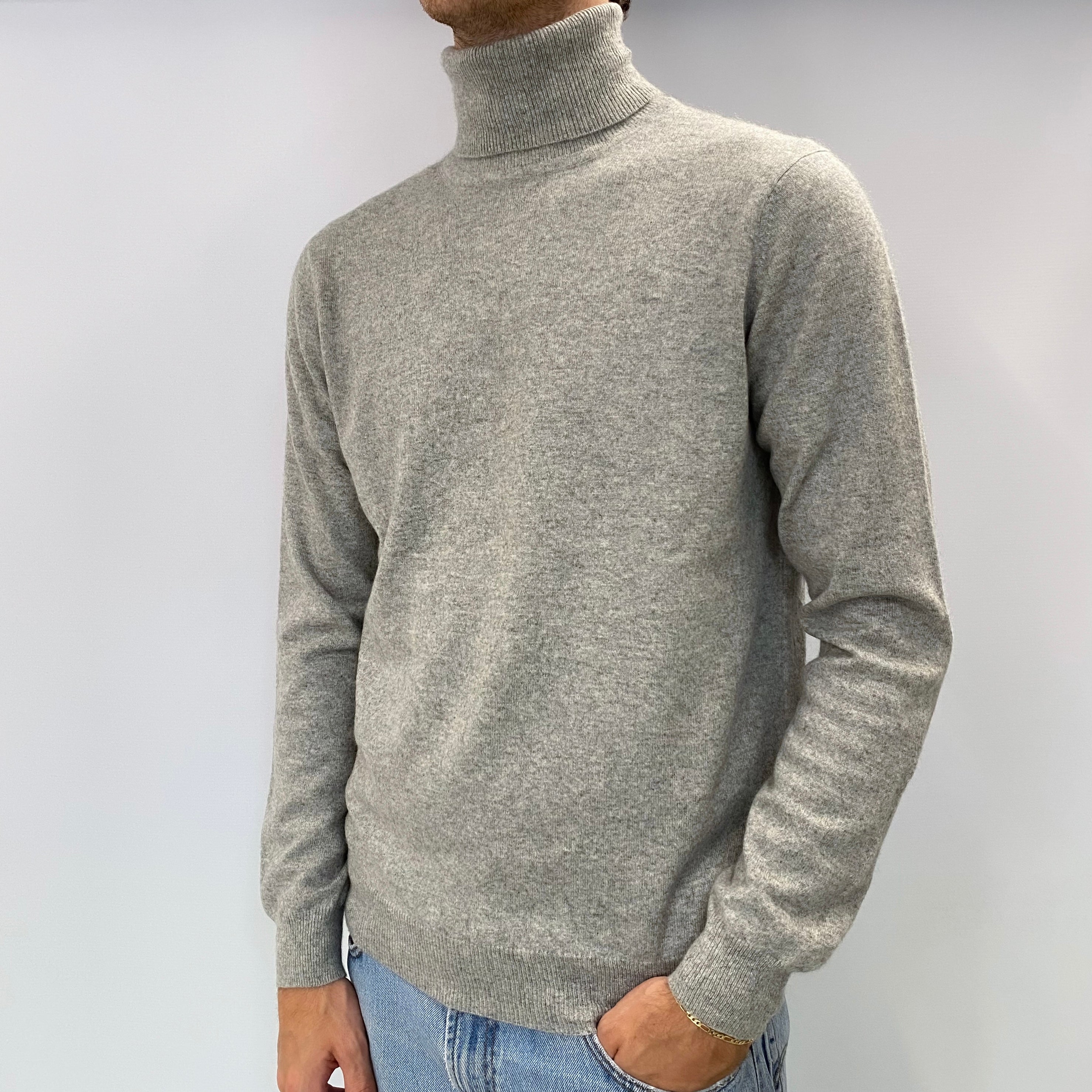 Men's Smoke Grey Cashmere Polo Neck Jumper Medium