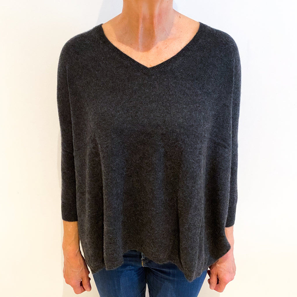Charcoal Grey Cashmere V Neck Jumper Medium