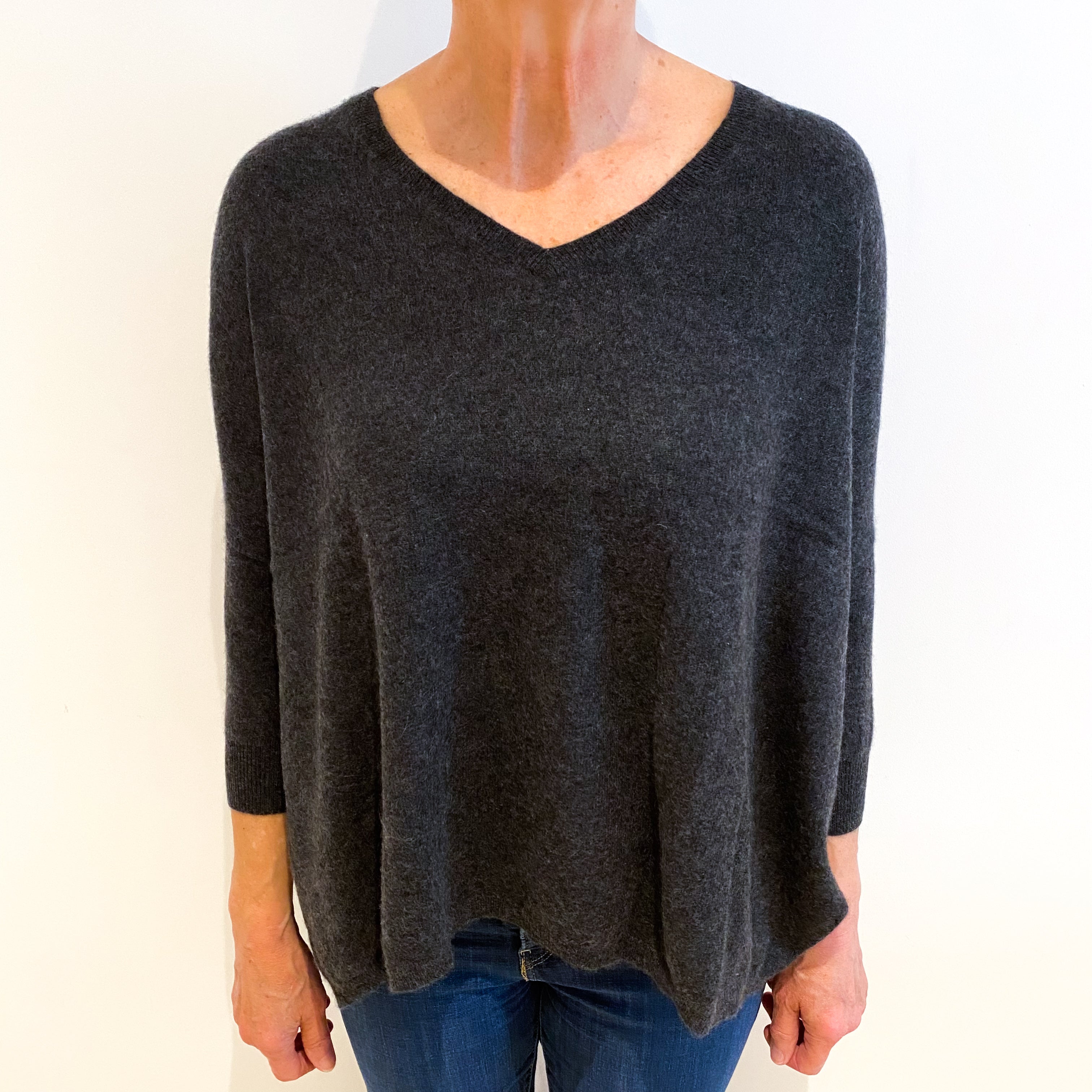 Charcoal Grey Cashmere V Neck Jumper Medium