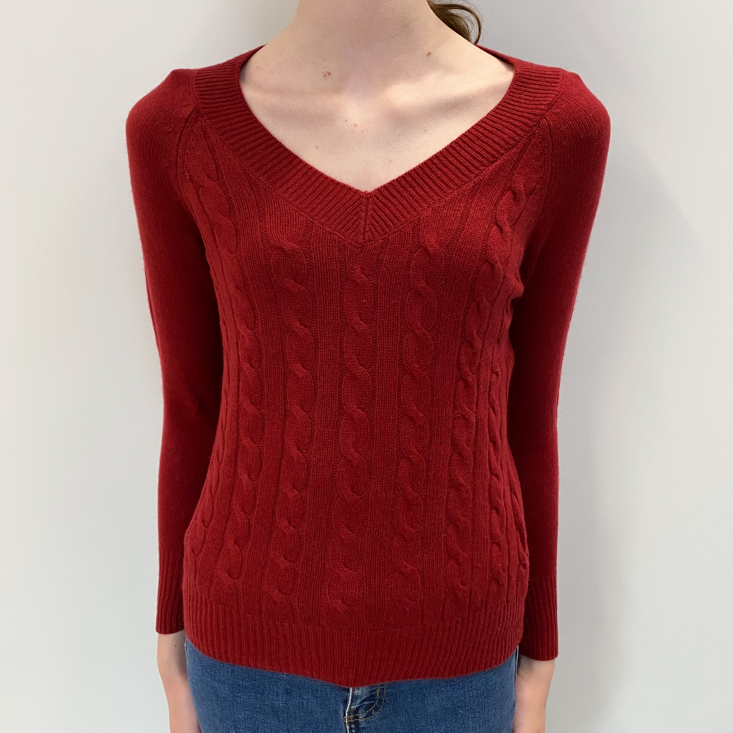 Brick Red Cashmere V Neck Jumper Extra Small