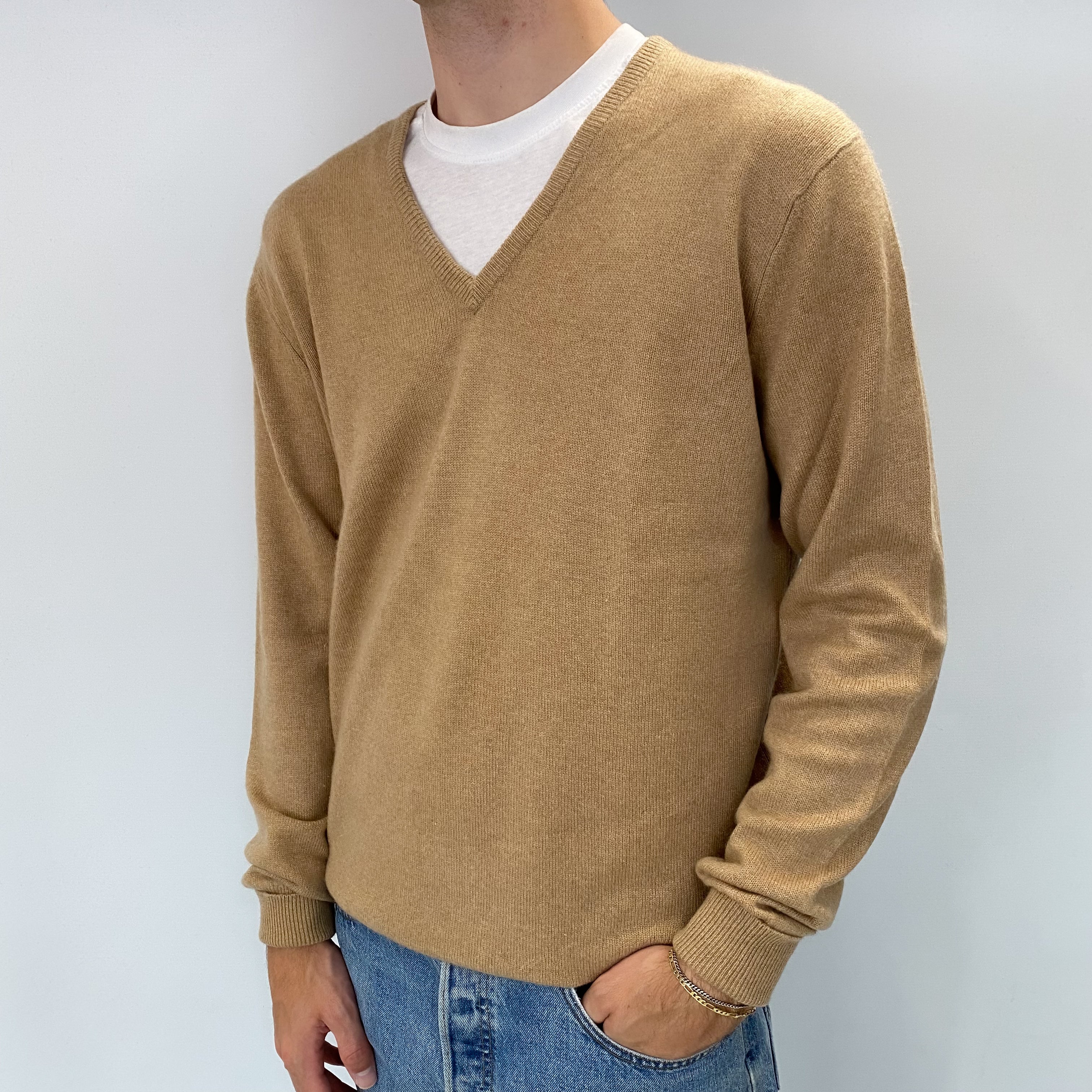 Men's Pringle Camel Brown Cashmere V Neck Jumper Large