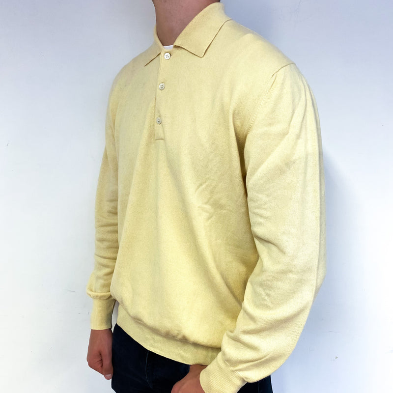 Men's Soft Yellow Cashmere Collared 1/4 Button Jumper XXL