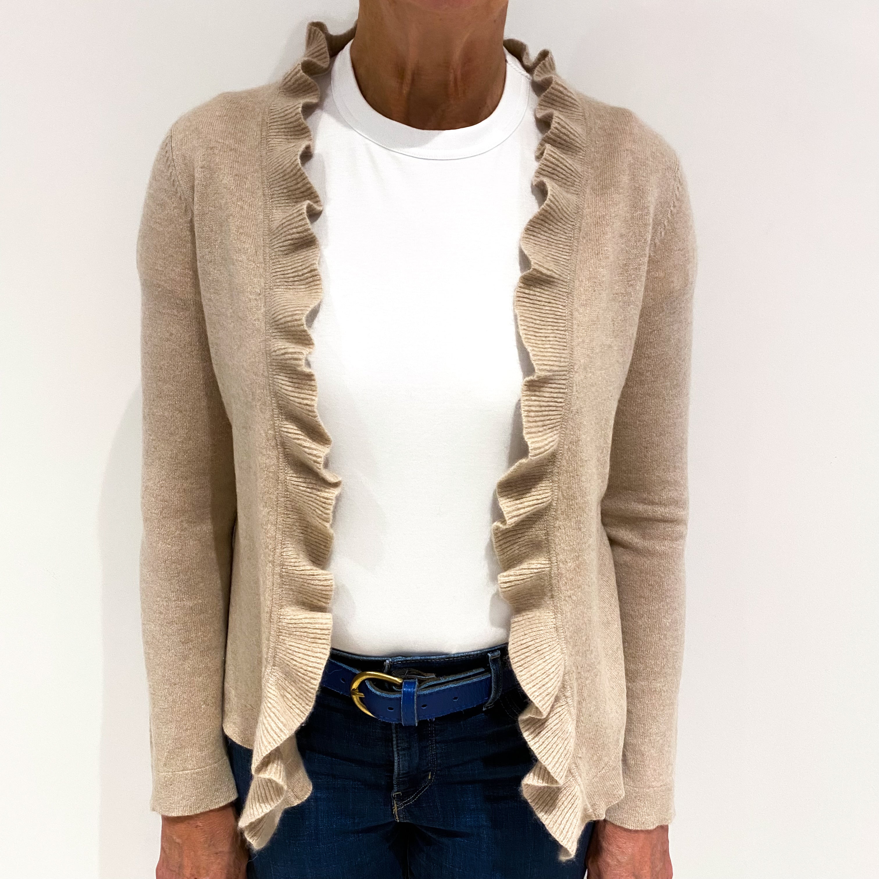 Fawn Brown Cashmere Ruffle Edge to Edge Cardigan Medium