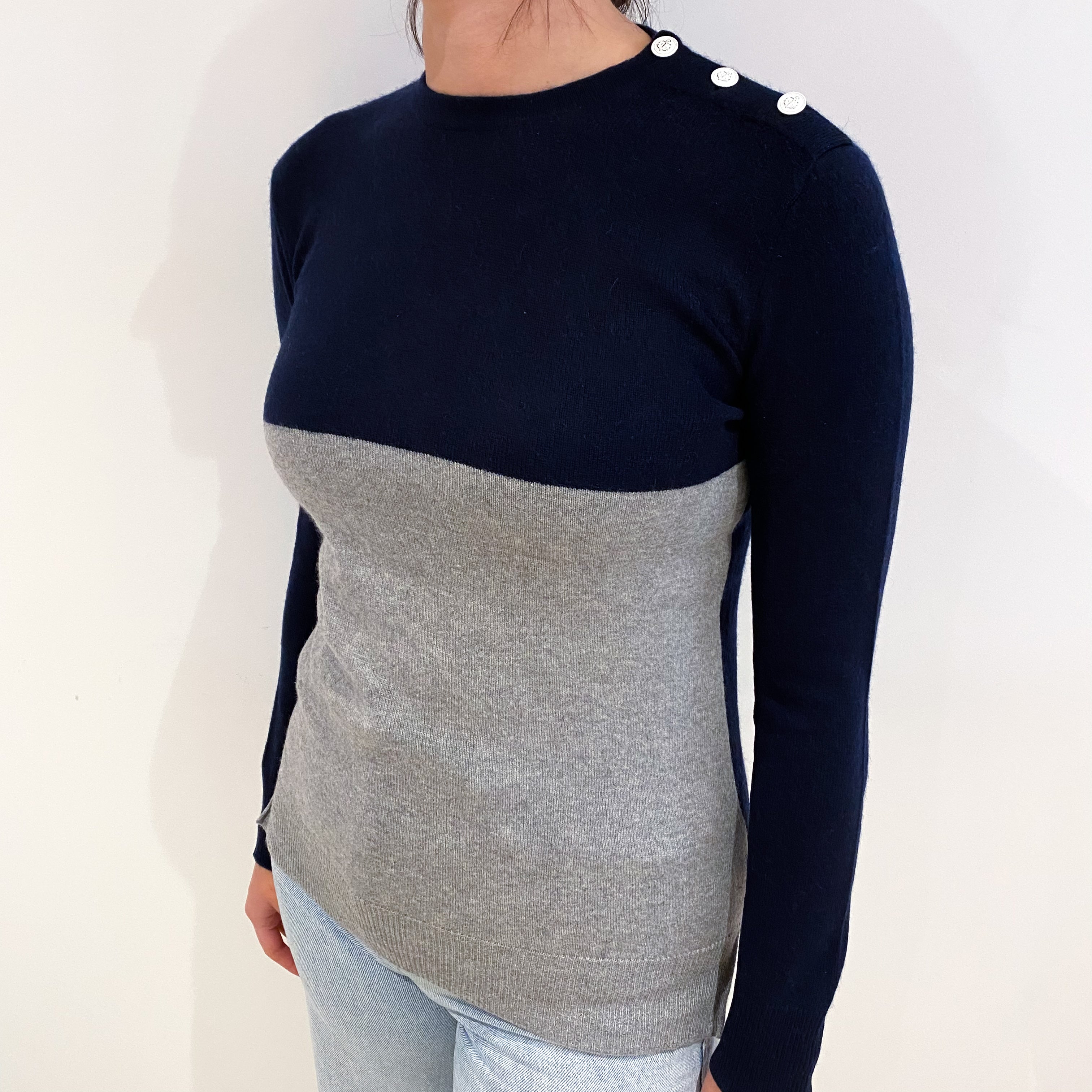 Navy And Smoke Grey Colour Block Cashmere Crew Neck Jumper Small