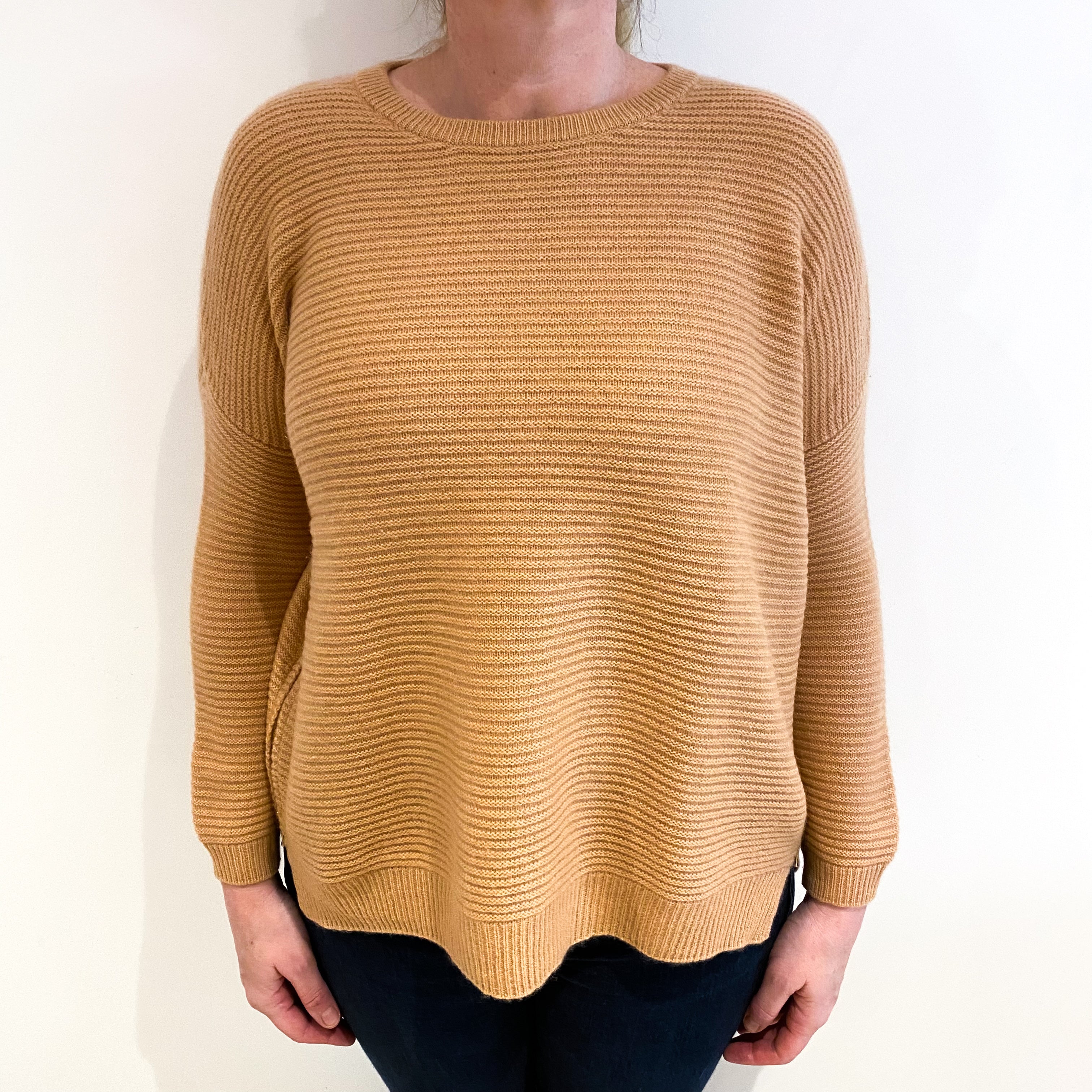 Caramel Brown Cashmere Zip Up Crew Neck Jumper Large