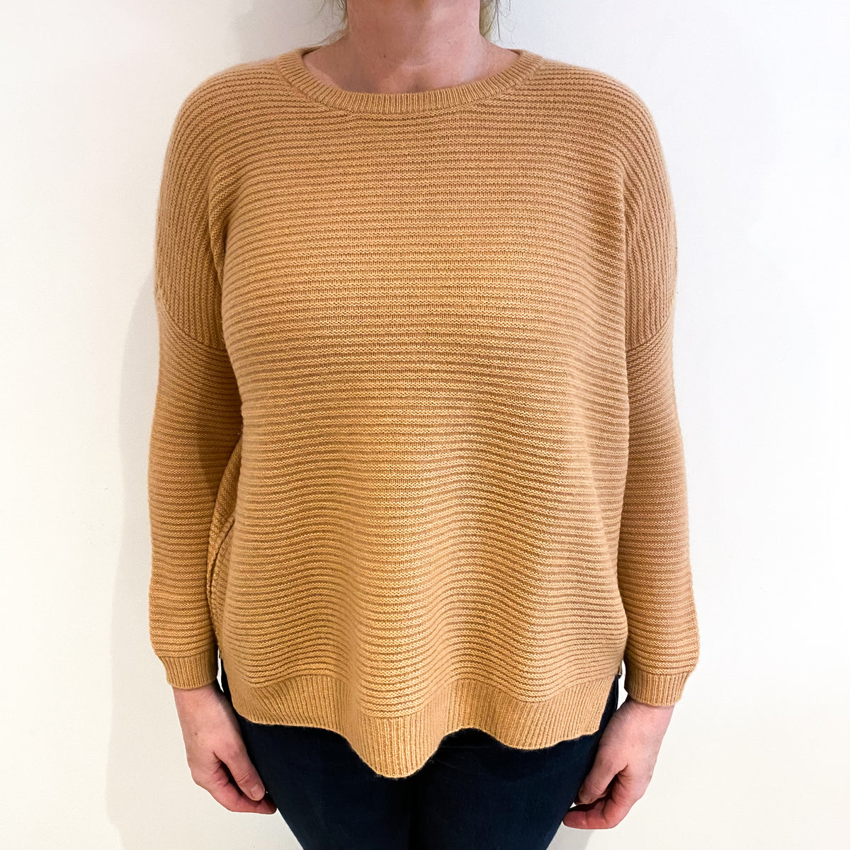 Caramel Brown Cashmere Zip Up Crew Neck Jumper Large