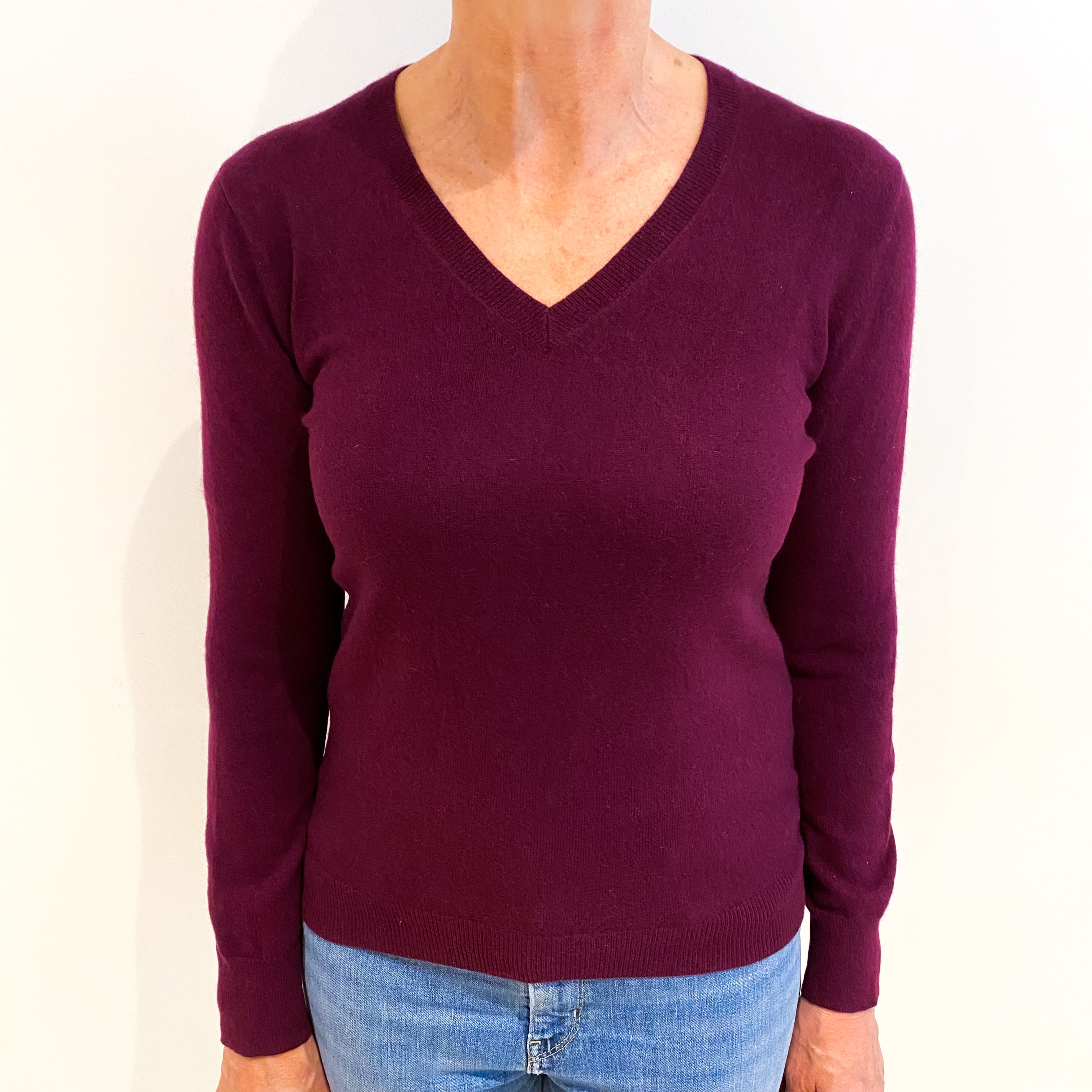 Plum Purple Cashmere V Neck Jumper Medium