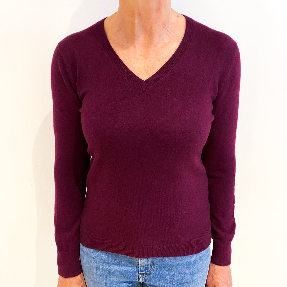 Plum Purple Cashmere V Neck Jumper Medium