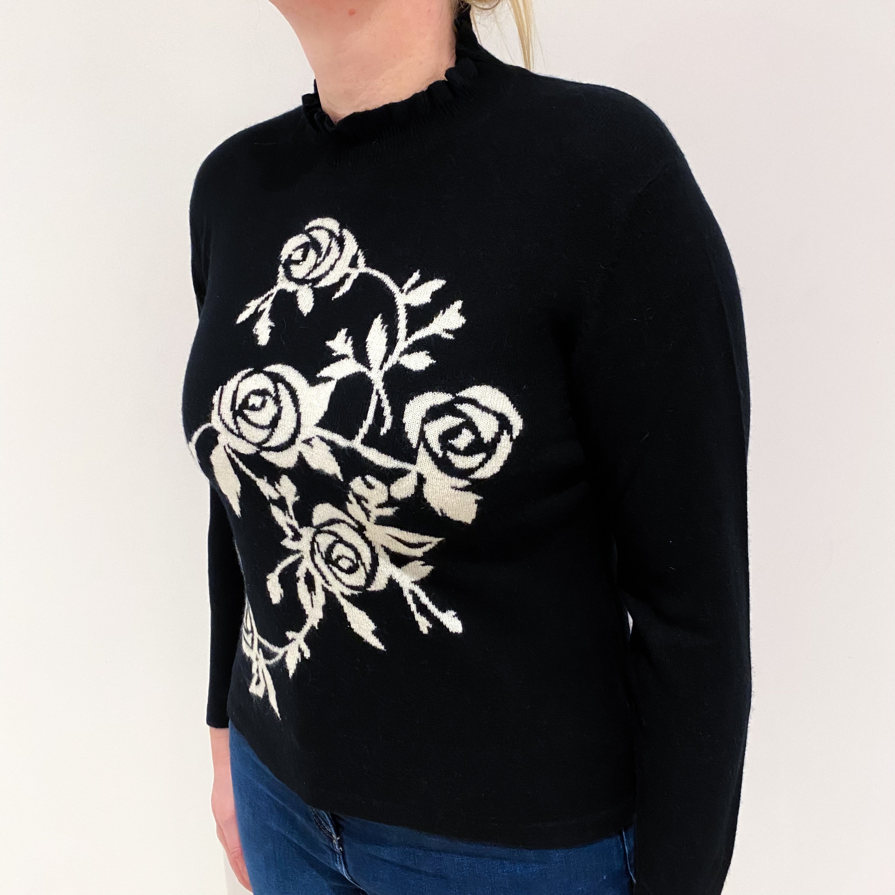 Black Cashmere Crew Frill Neck Jumper with Cream Rose Design Large
