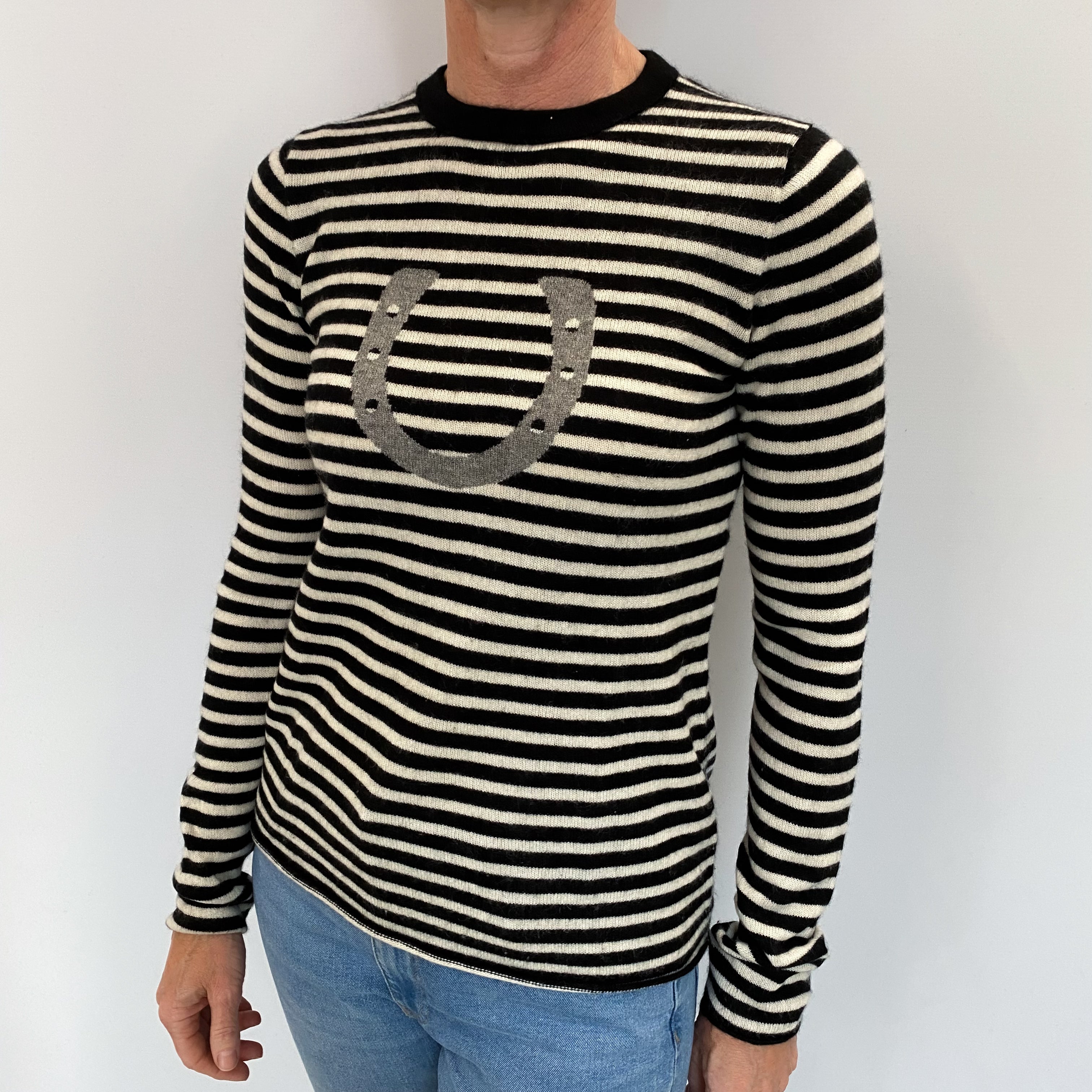 Black Striped Cashmere Crew Neck Jumper Small